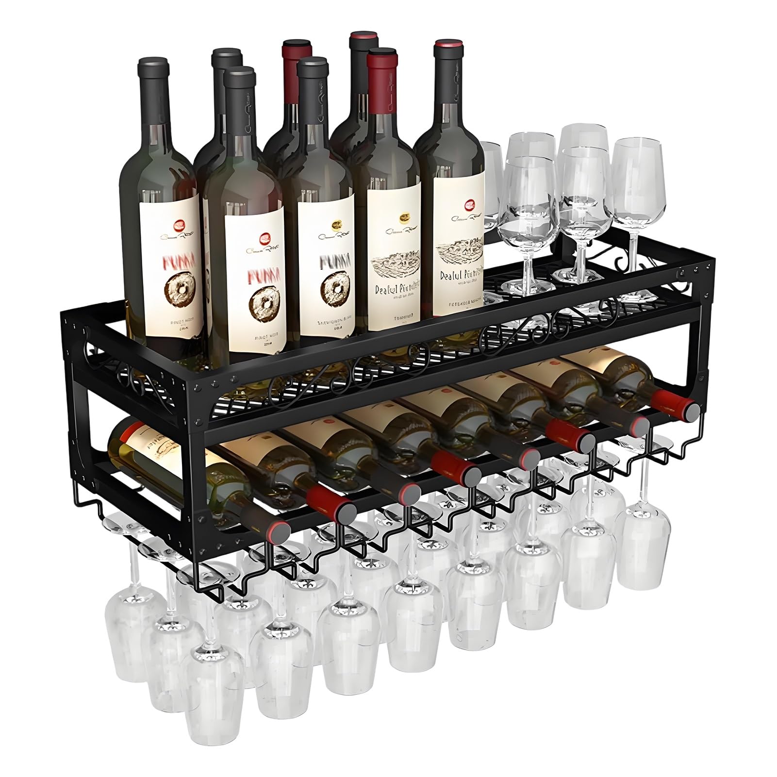 Étagère à vin murale avec support de verres suspendu en métal robuste