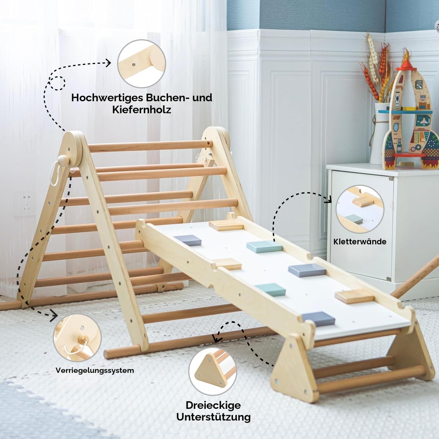 Mamabrum Klettergerüst Indoor ab 3 Jahren für Kinder – Pikler Dreieck, Leiter & Balancierpfad – 3-in-1 Multifunktionales Spielzeug, Indoor Spielplatz, Montessori Ergänzung