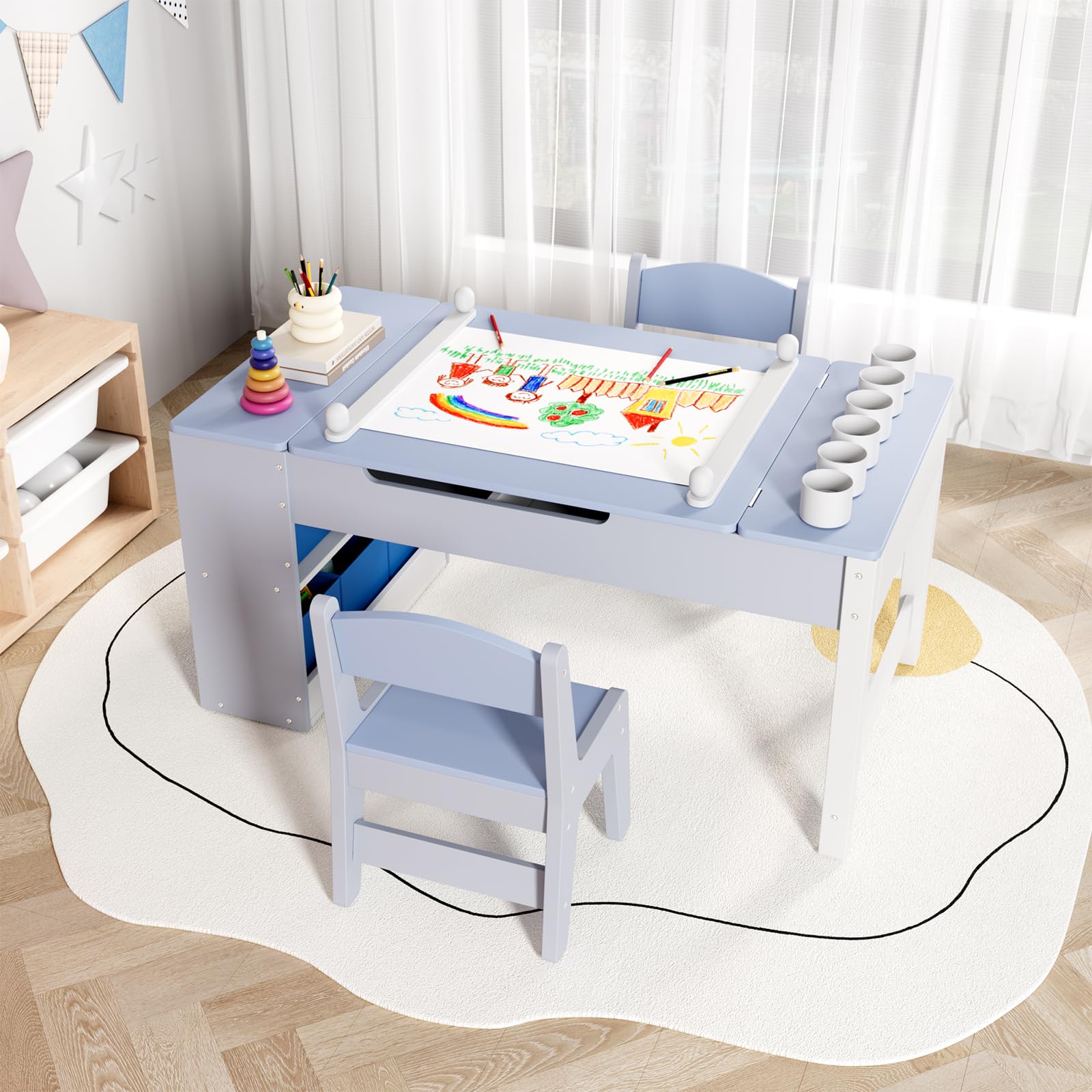 Clevich Kindertisch mit 2 Stühlen, Tisch-Stuhl Set Holz, Kindersitzgruppe mit Stauraum, Maltisch mit Papierrolle, Mal und Basteltisch für ab 3 Jahre (Blau)
