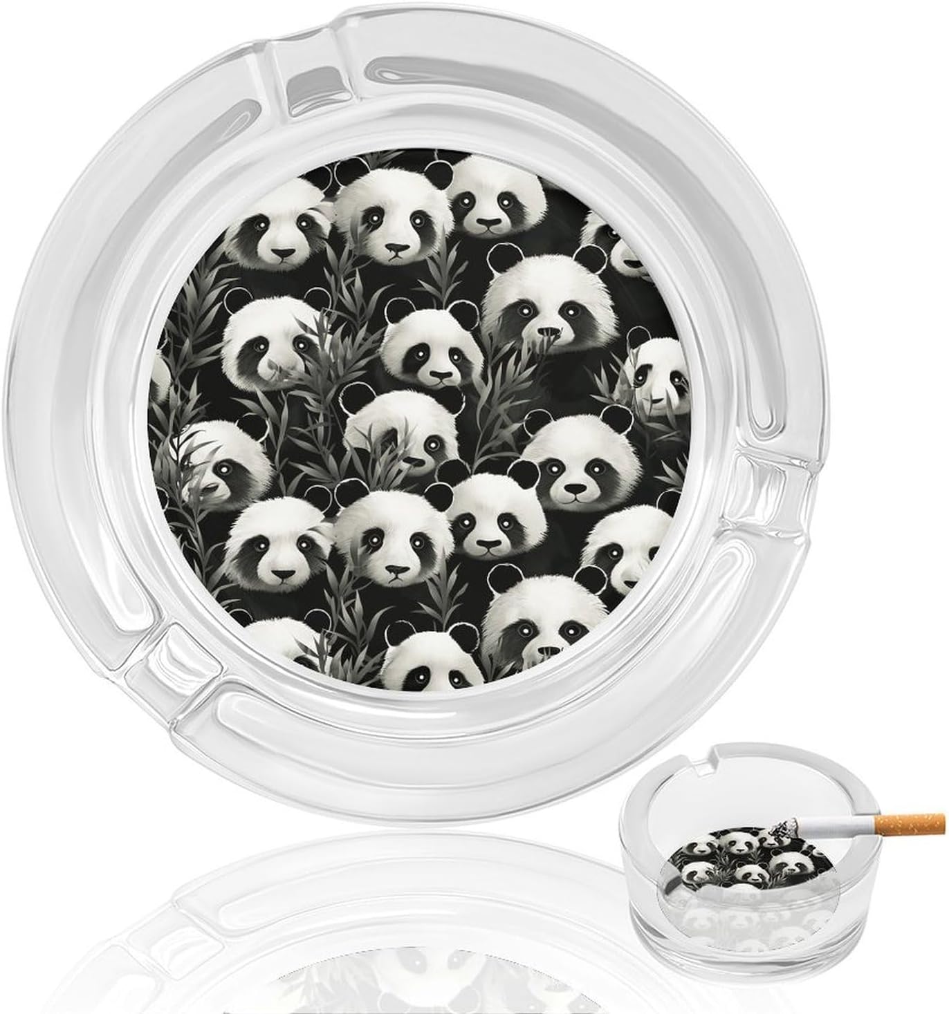Panda Graphic Black And White Round Clear Glass Ashtray Thickened Crystal Glass Ashtray Portable Windproof Desktop Cigarette Ash Tray for Home Office Bar Patio Decor