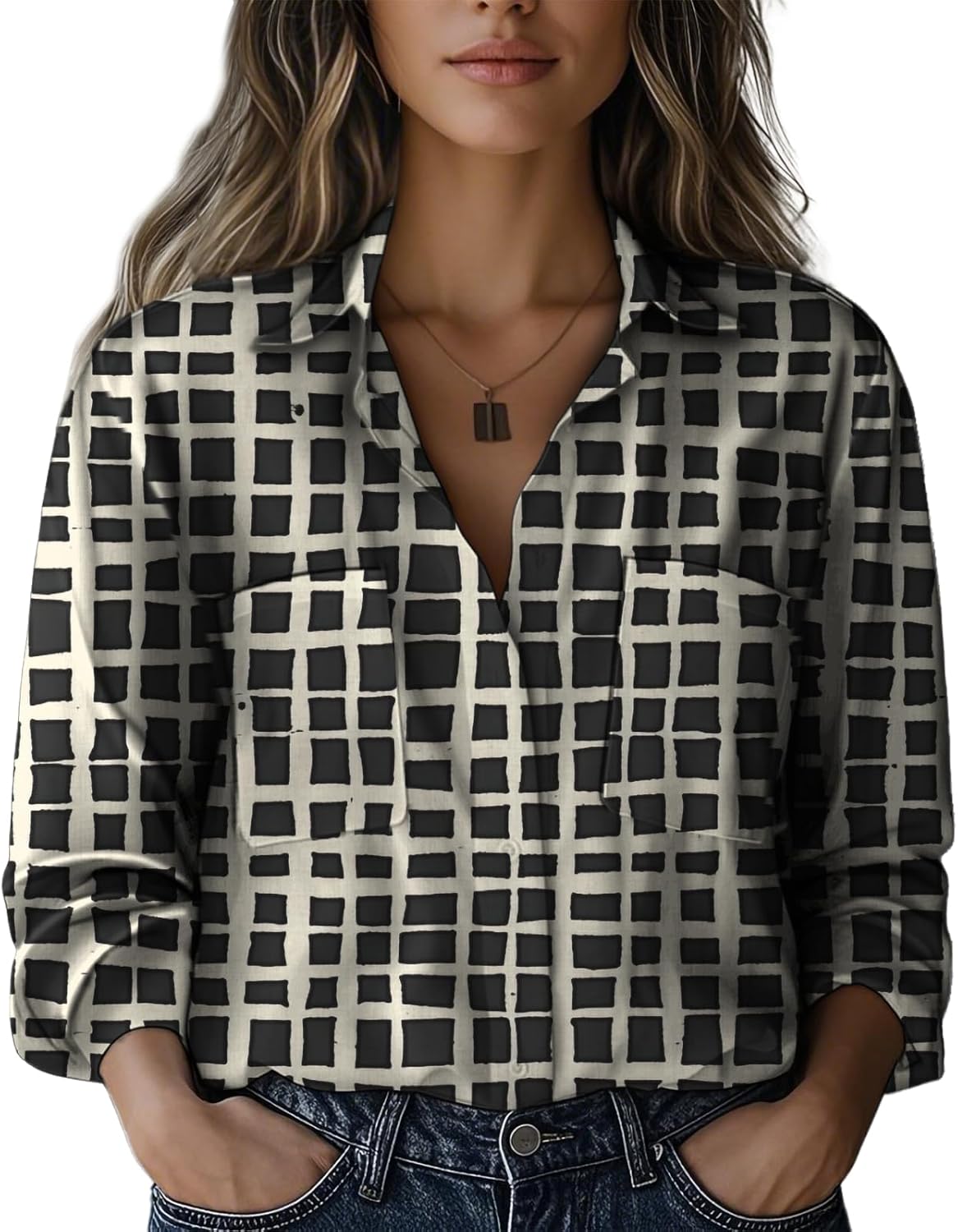 Women 2025 Fashion Tops Business Casual Loose Fitting Shirts V-Neck Blouses Comfort Printed Vintage Clothes