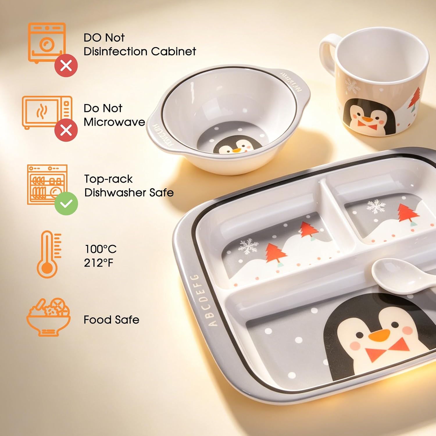 Complete Kids Dinnerware Set - Melamine 3-Compartment Plate, Bowl, Cup, and Spoon - Shatter-Resistant, BPA-Free Non Toxic Dishes - Fun Animal Themed 4-Piece Set for Self Feeding (Penguin)