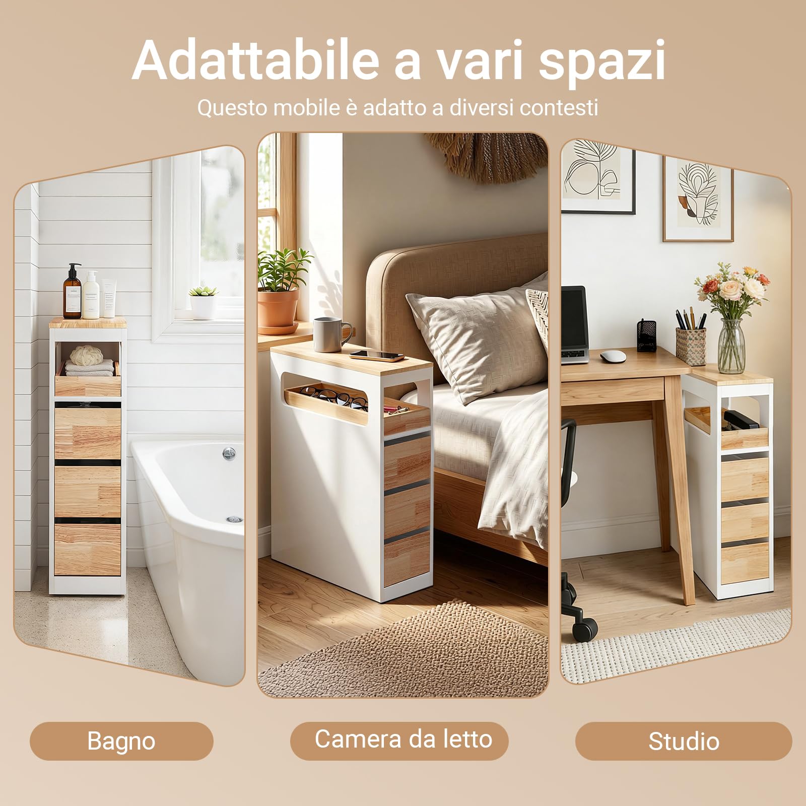 SoBuy Mobiletto Bagno Salvaspazio Cassettiera Bagno Stretto 3 Cassetti con Ruote per Angoli e Nicchie per Piccoli Spazi e Famiglie, Bianco e Color Legno 65x23x82cm BZR54-III-WN