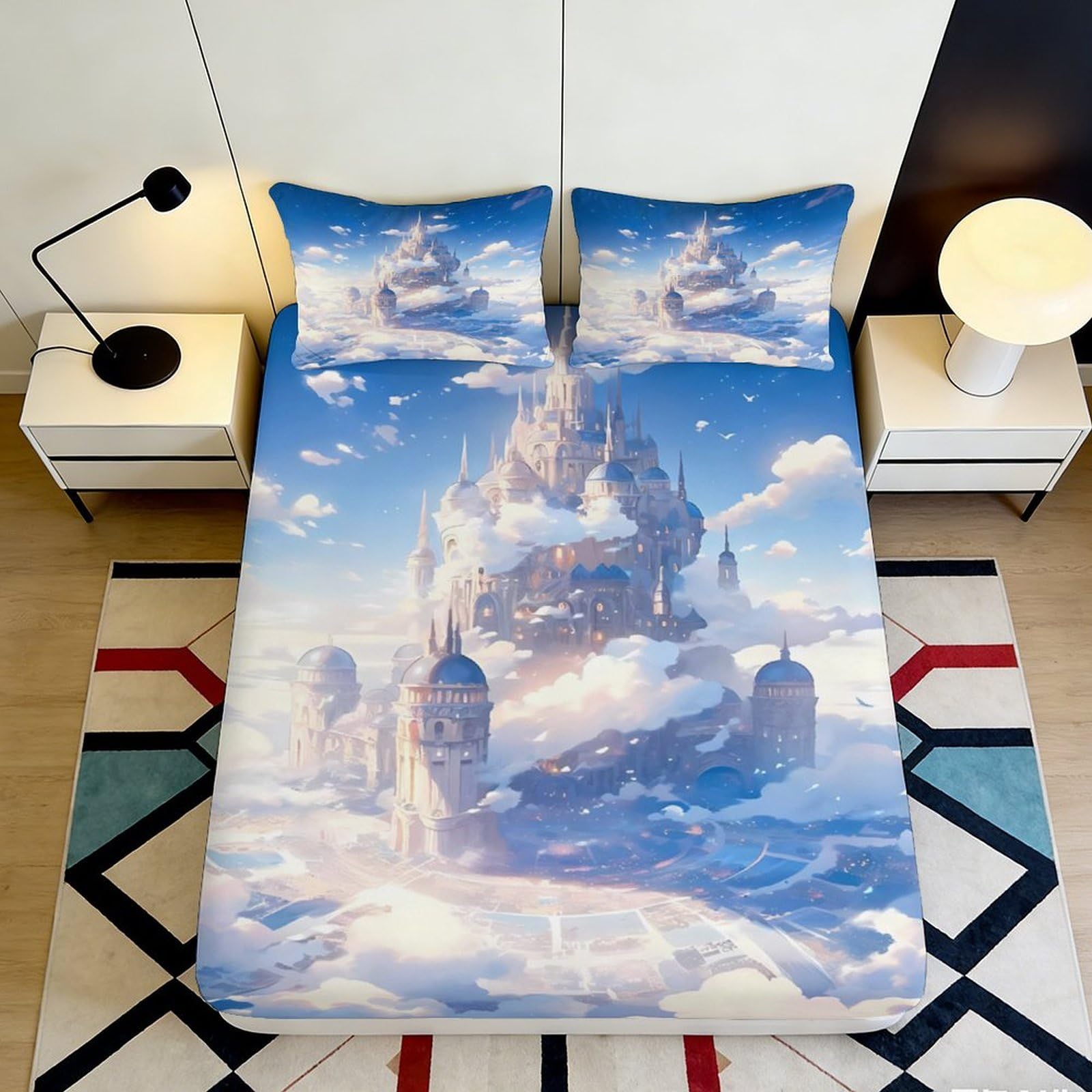 3D Printed Fantasy Castle Fitted Sheet Microfiber Soft Breathable Cloudscape Bed Cover for Bedroom Dormitory Guest Room Mattress Protection Decor 180x200x25cm