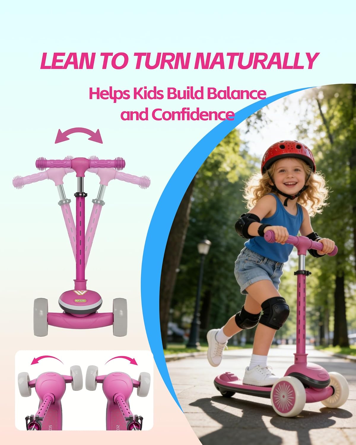 Kids Scooter for Toddlers Ages 2-5, 3 Wheel Scooter with Lean-to-Steer, Adjustable Handlebar, Anti-Slip Deck, Light-Up Wheels, Foldable First Scooter for Boys and Girls