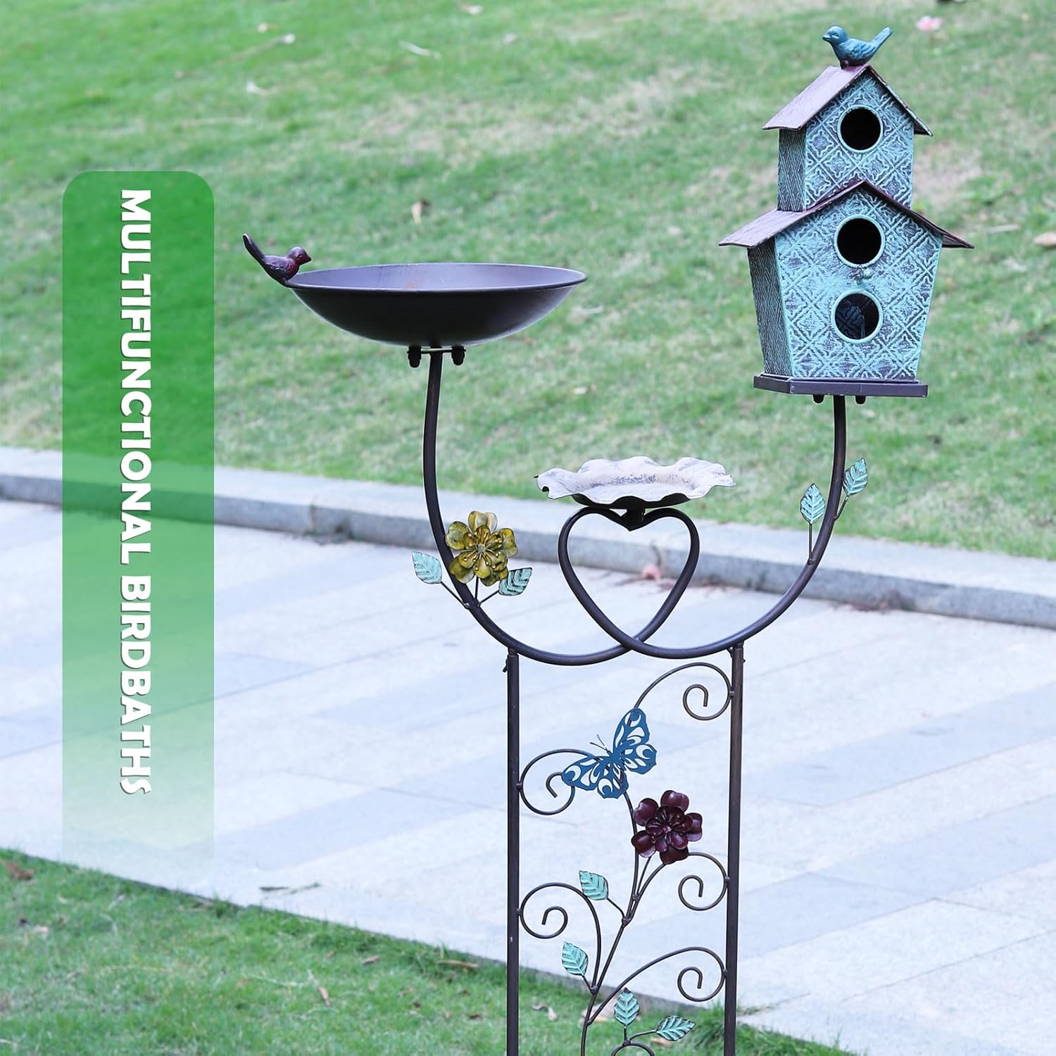 43.5" H Bird Bath and Metal Birdhouses for Outdoors,Metal Standing Bird Bath and Climbing Plant Trellis 4-in-1,Garden Yard Decor