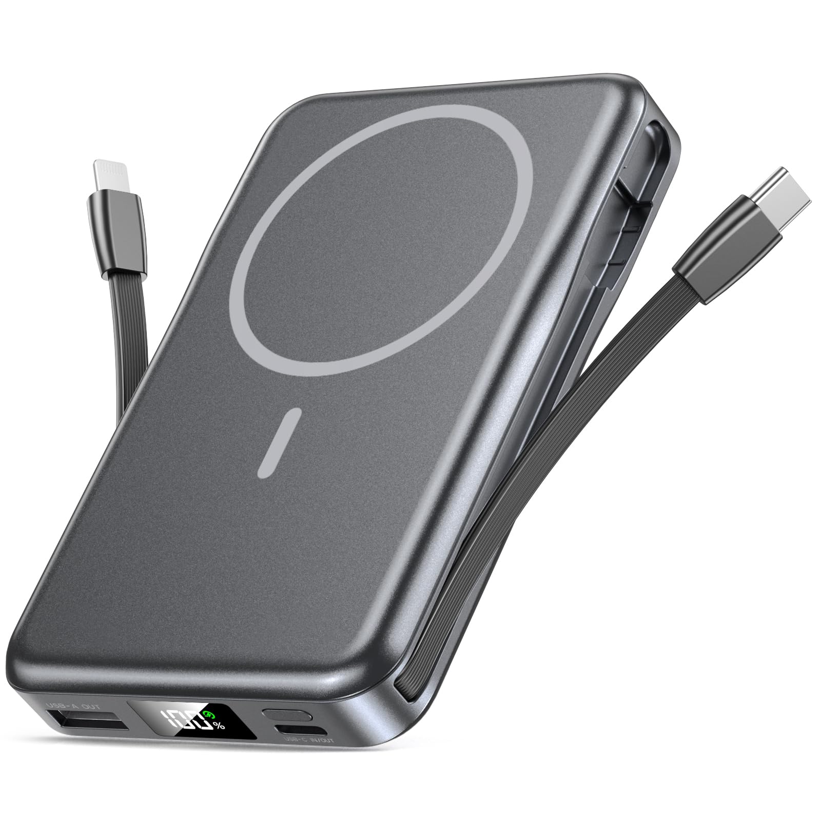 Power Bank 10000mAh, Magnético Batería Externa Compatible con MagSafe, PD 20W Cargador Portátil con Cables Integrados, Powerbank para iPhone 16/15/14/13 Pro MAX Serie - Gris Oscuro
