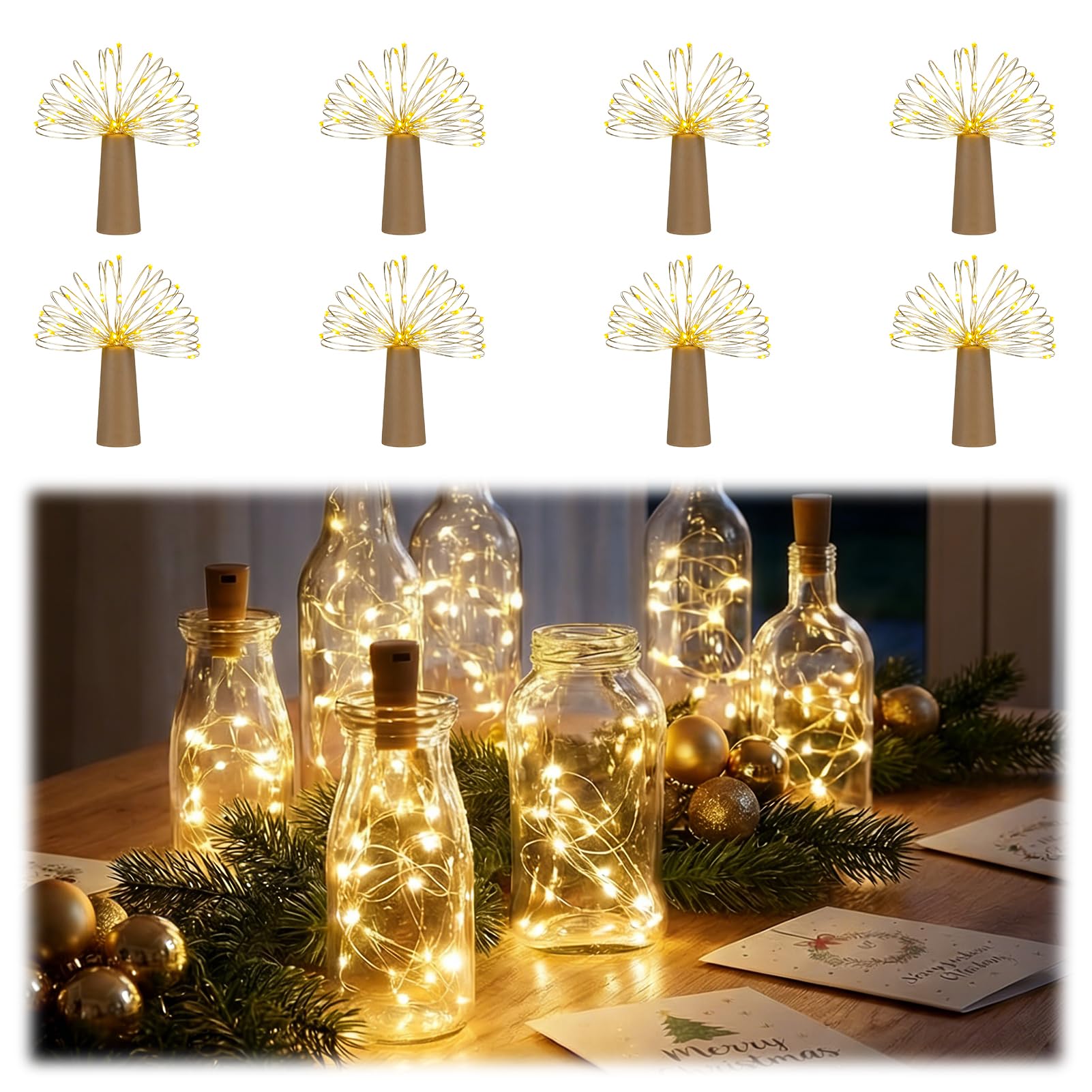 Bottle Lights 8 Pack, 2m 20 LED Wine Bottle Lights with Cork, Battery Operated Copper Wire Fairy Lights，Lights for Bottles for DIY Bottle Decoration, Wedding, Birthday, Indoor Outdoor Table Centrepiec