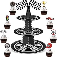 Vista 1 de Soporte para cupcakes de auto de carreras de 3 niveles con 24 adornos para tartas, decoraciones de fiesta de cumpleaños, temática de autos
