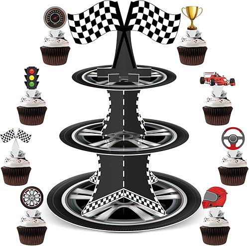 Soporte para cupcakes de auto de carreras de 3 niveles con 24 adornos para tartas, decoraciones de fiesta de cumpleaños, temática de autos