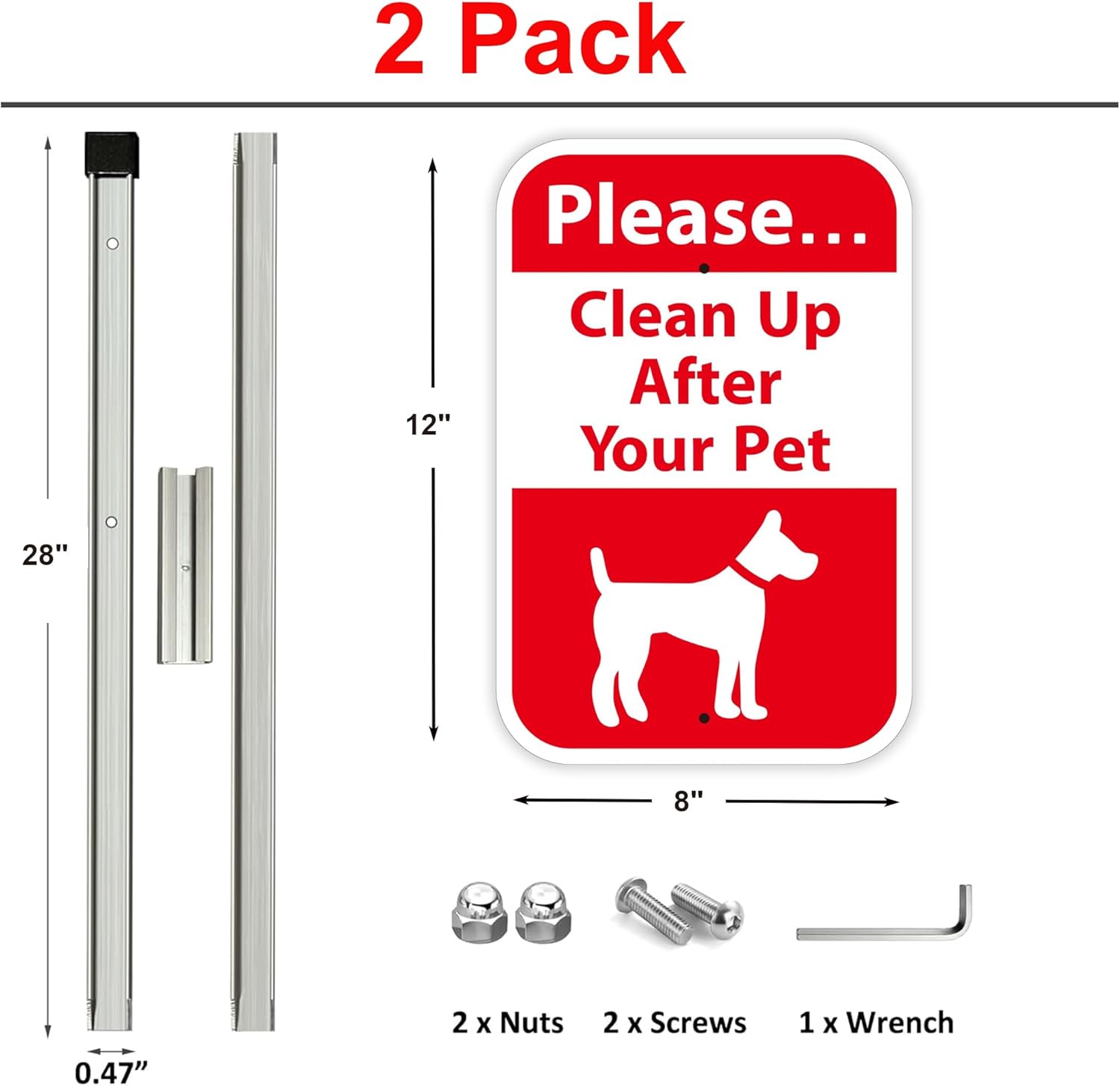 Please Clean Up After Your Pet Yard Sign with 28" Metal Stake, 12x8 inches No Pooping Dog Signs, Rustproof Aluminum,2Pack No Dog Waste Signs