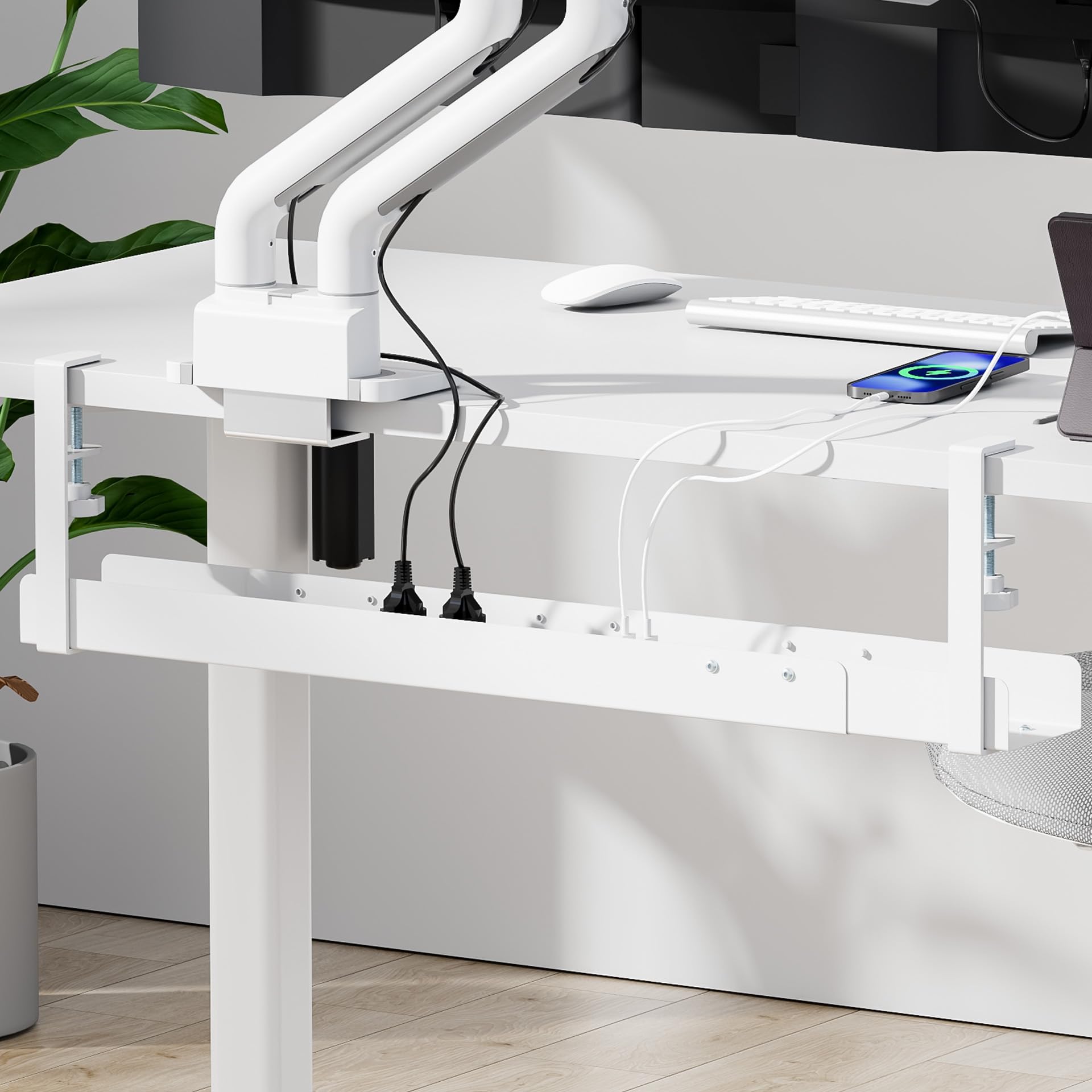 Mimoke Goulotte de câbles de bureau - Extensible de 800 à 1200 mm - Gestion des câbles - Bureau avec accessoires - Montage facile par serrage (blanc)