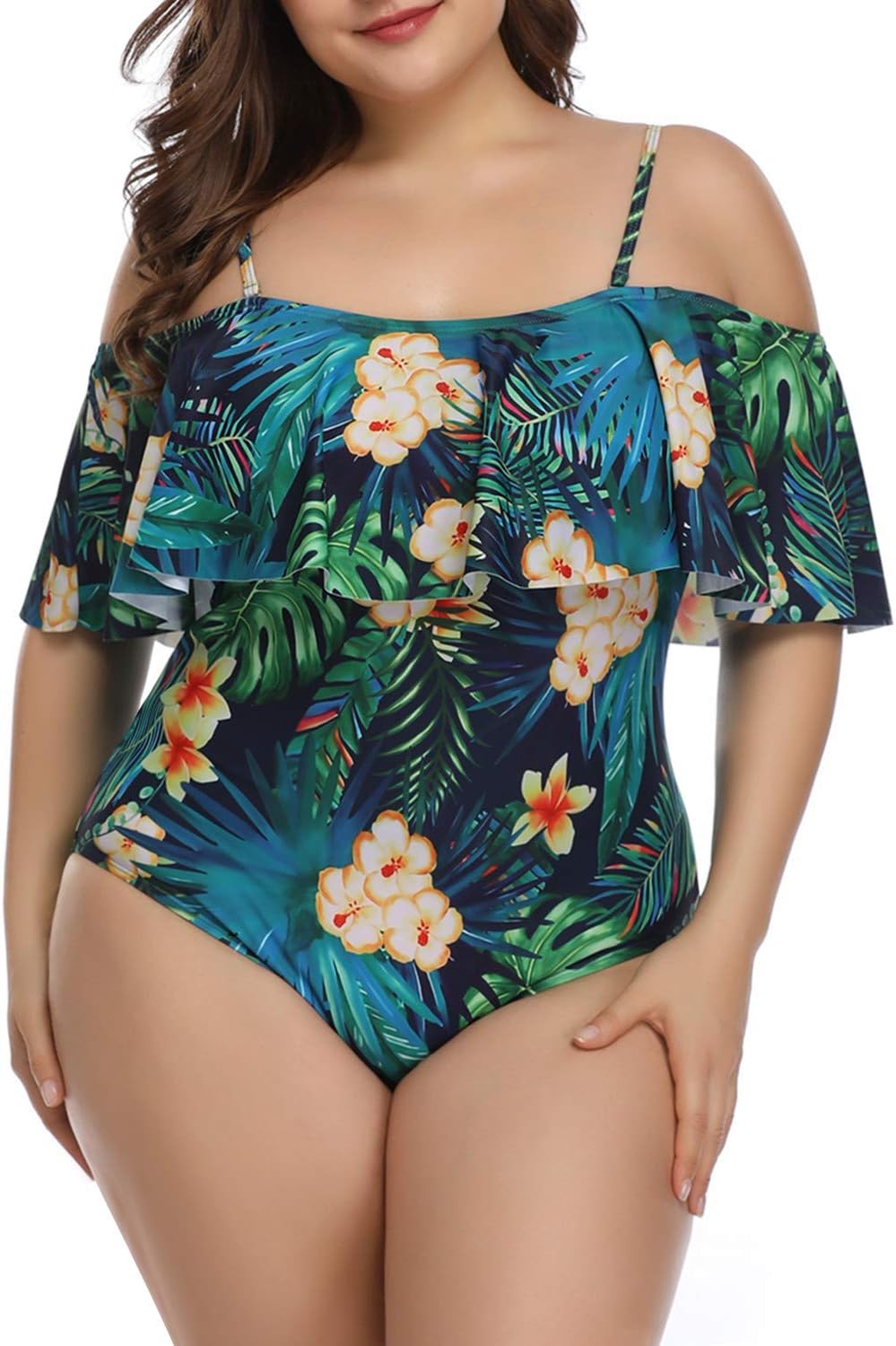 Women One Piece Plus Size Swimwear Ruffle Flounce Off Shoulder Printed Monokini Swimsuits Green, X-Large (US 16)
