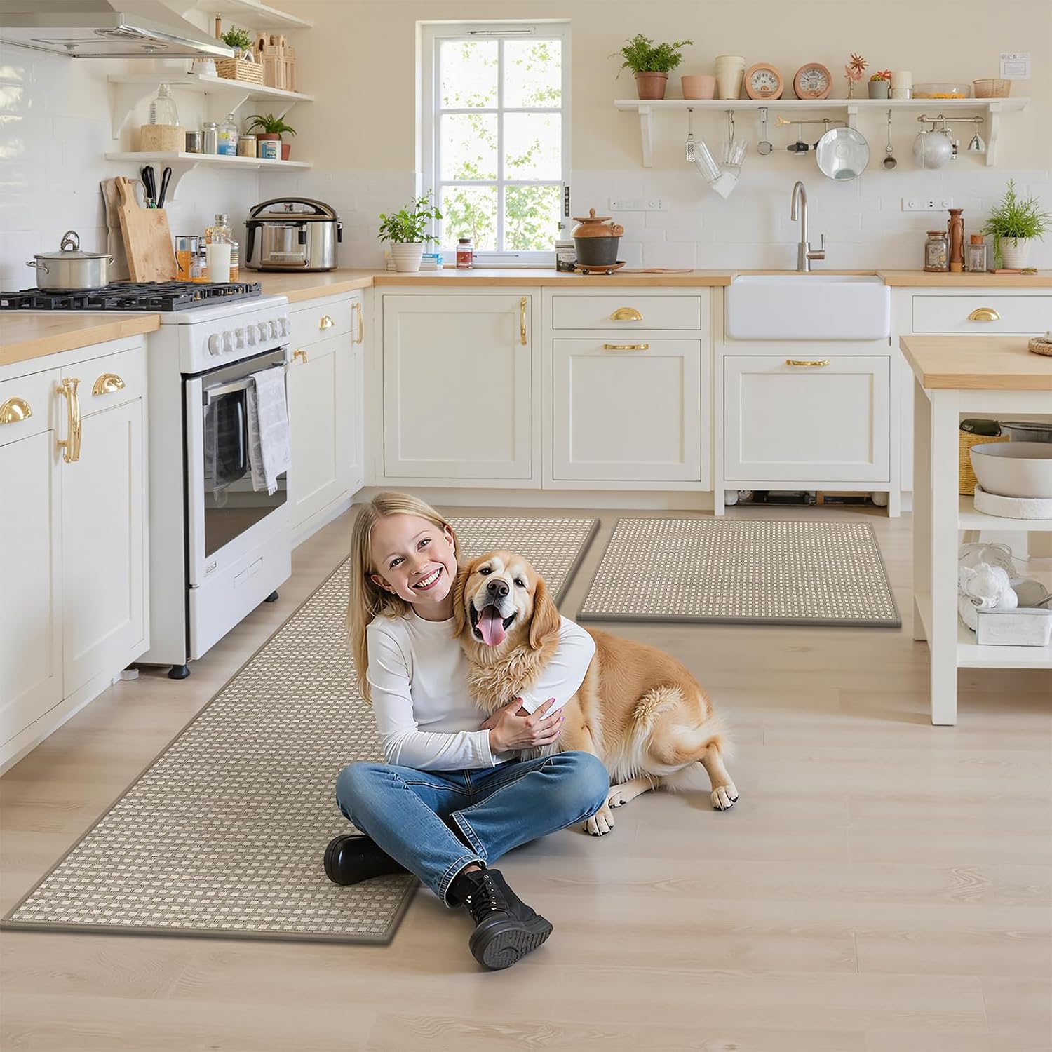 HEBE Kitchen Rugs Sets of 2 Non Slip Washable,20"x59"+20"x32" Cushioned Rubber Kitchen Mats for Floor,Stain Resistant Kitchen Carpet Runner Rug for Hallways, Front of Sink, Laundry