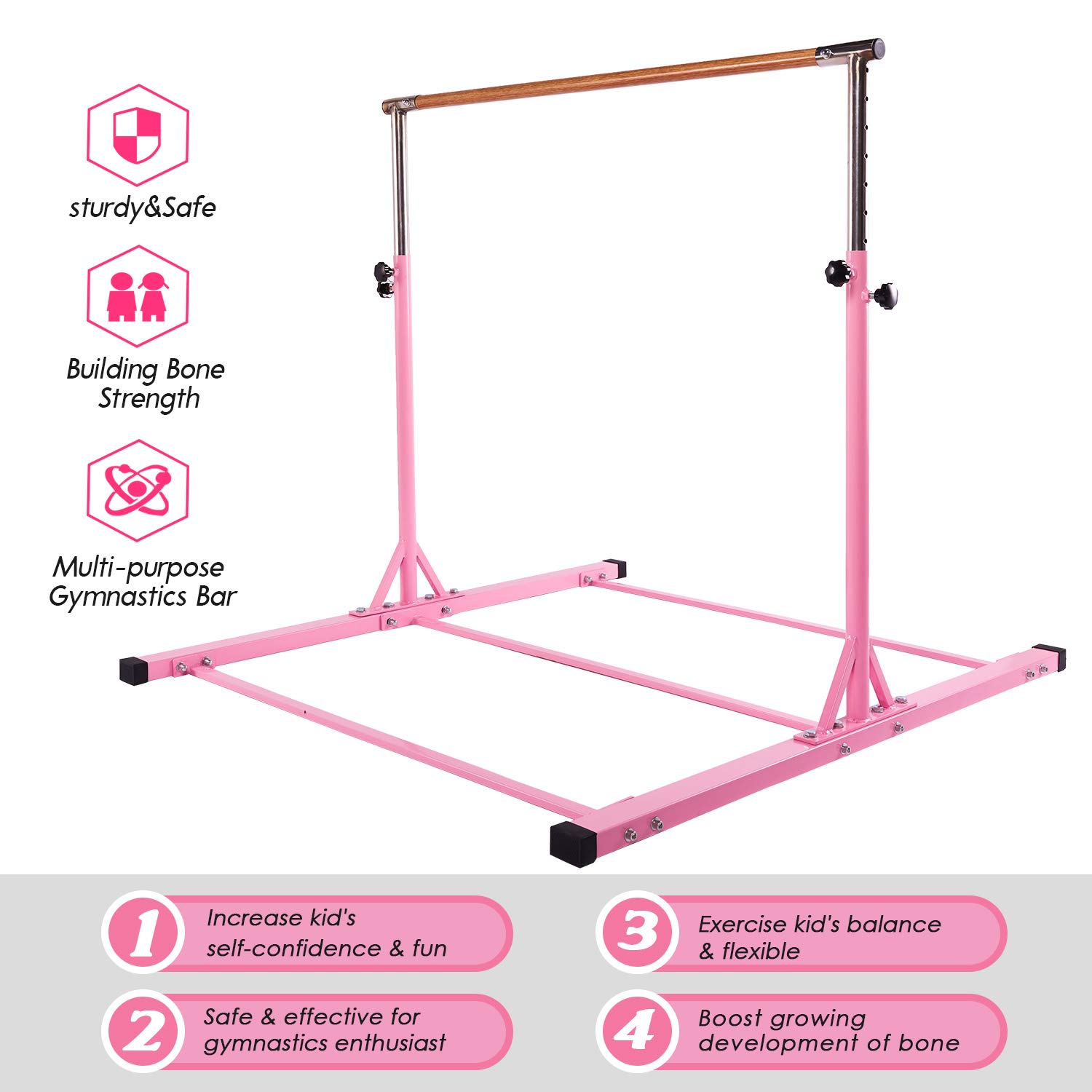 Dai&F Gymnastics Bar for Kids, 3' to 5' Gymnastics Bars for Home with 1-11 Levels Adjusable Height, Stainless Steel Horizontal Training Bar, Holds up to 350LBS