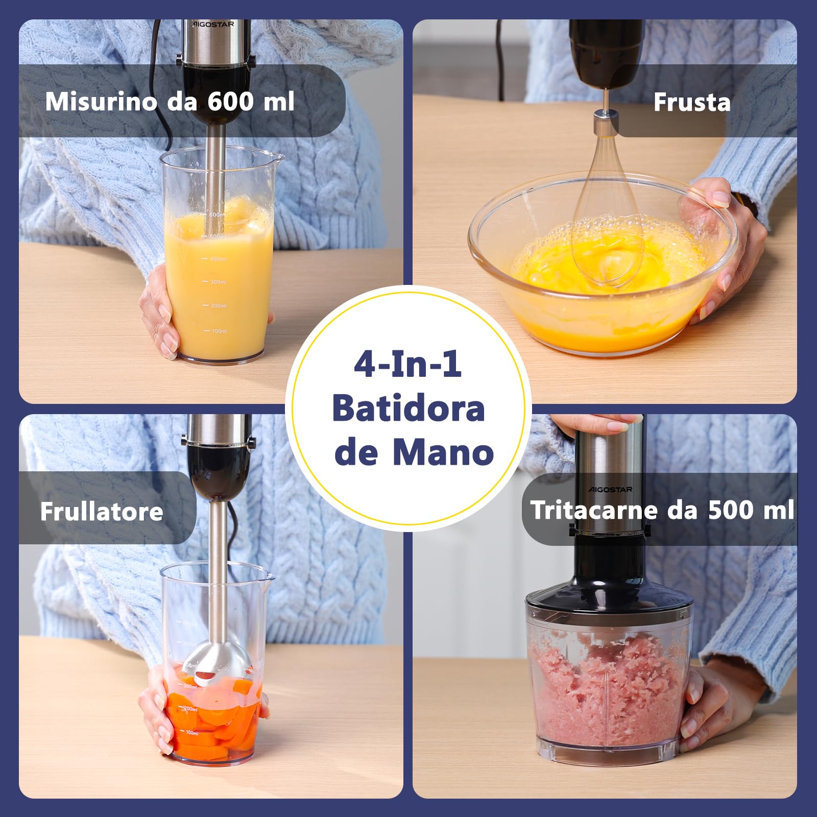 Aigostar Buckle - Frullatore a immersione 4 in 1 da 1000 W. Mixer subacqueo con 6 velocità + Turbo. Mixer multifunzione con tritacarne da 500 ml, misurino da 600 ml e frusta, senza BPA