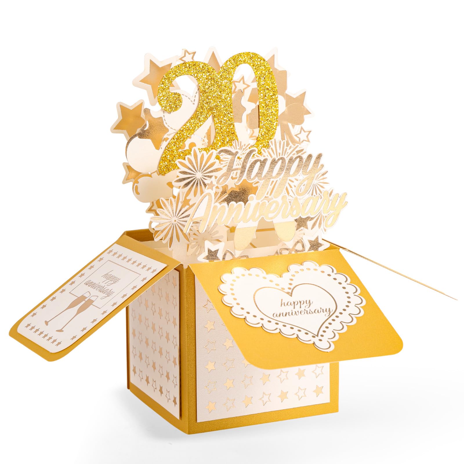 20th Anniversary Card, 3D Gold Happy Anniversary Pop Up Card with Envelope for Women Men Wife Husband Couples Parents Him Her Wedding Marriage Gift