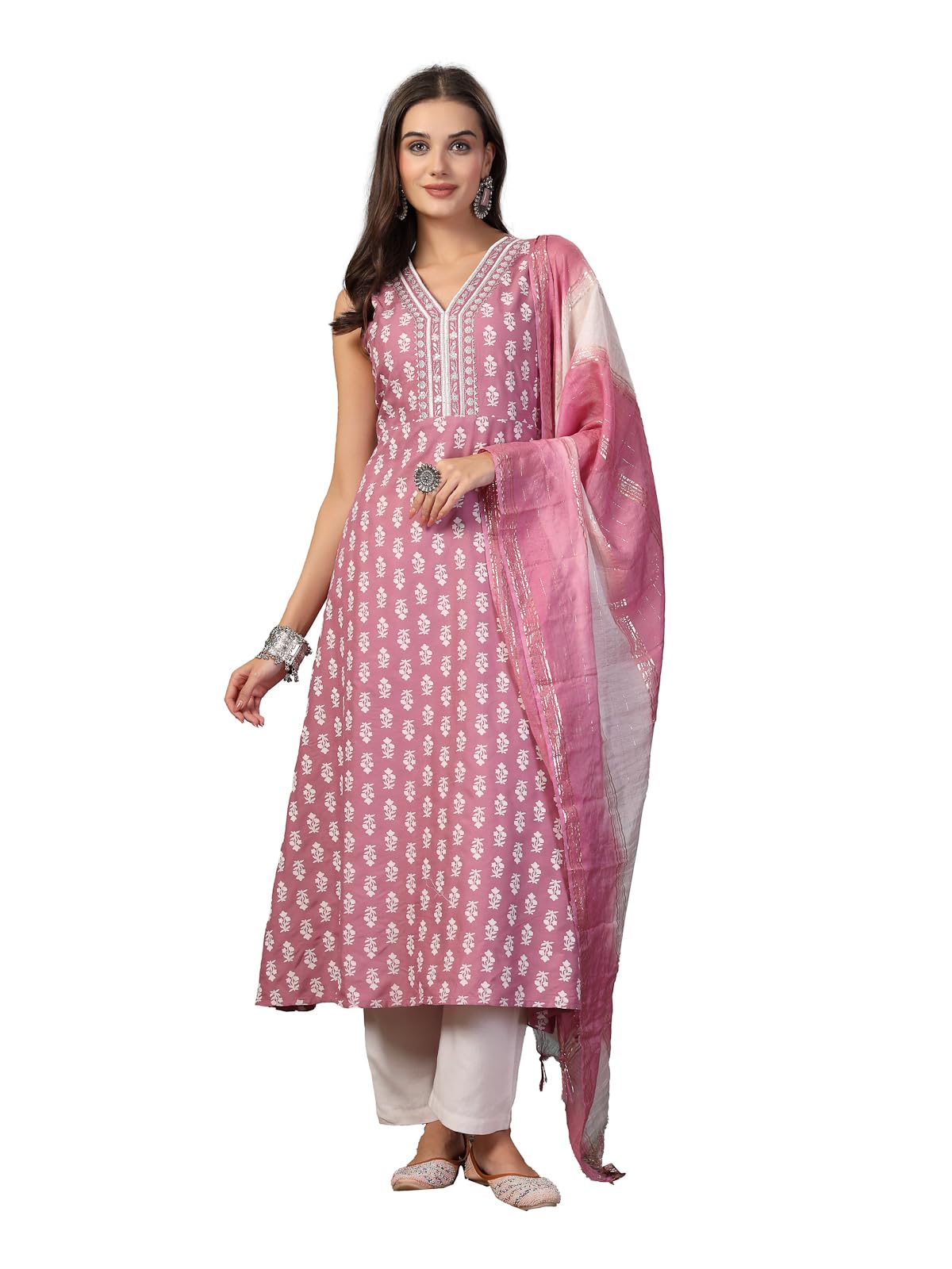 Stylum Women's Printed & Embroidered Rayon A-Line Kurta Dupatta Set (Kdmauvemoko42_Mauve, Xl)