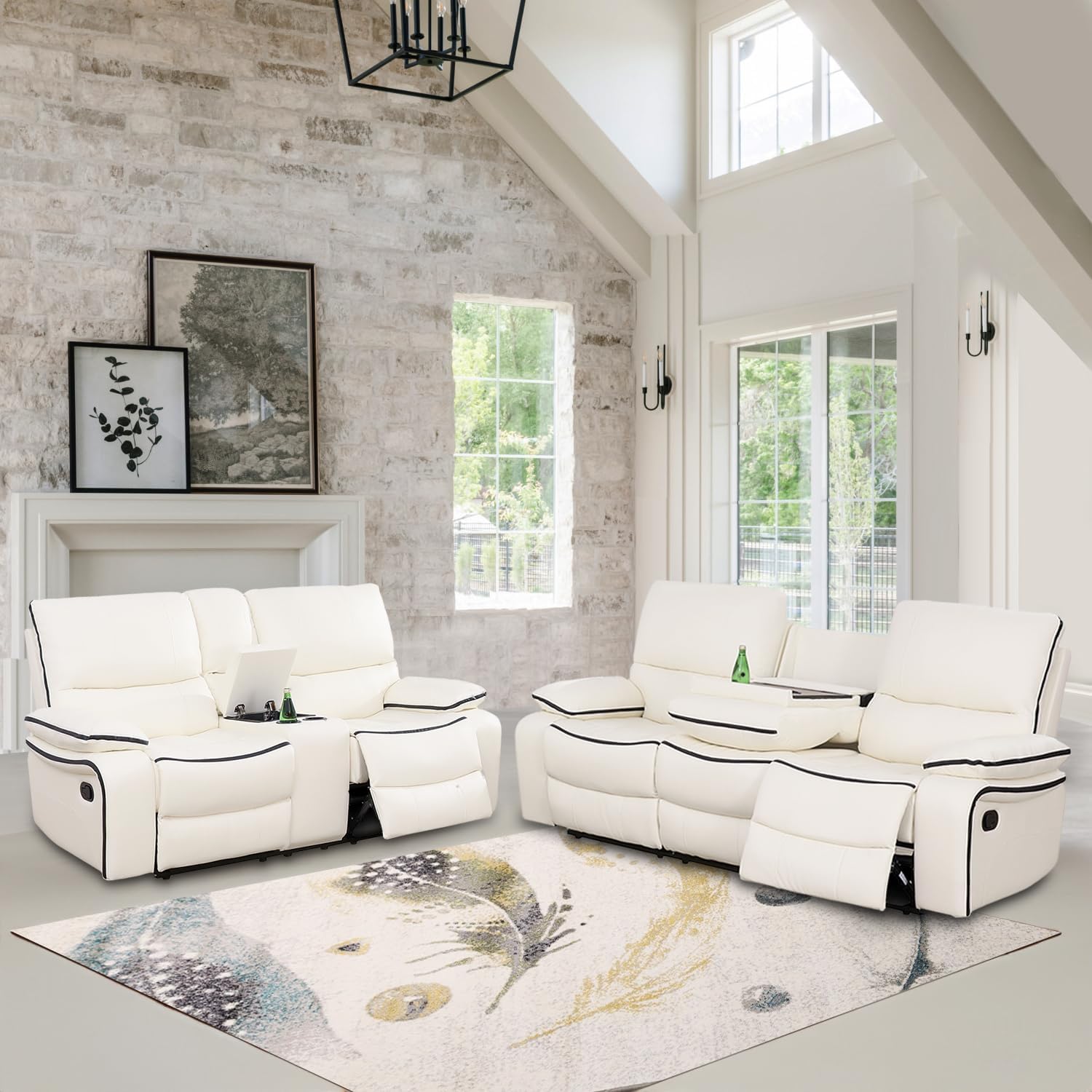 Recliner Sofa Set Bonded Leather, Living Room Furniture Set, Recliner Couch Set with Cup Holder for Living Room/Office (Loveseat and Couch Set,Creamy White)