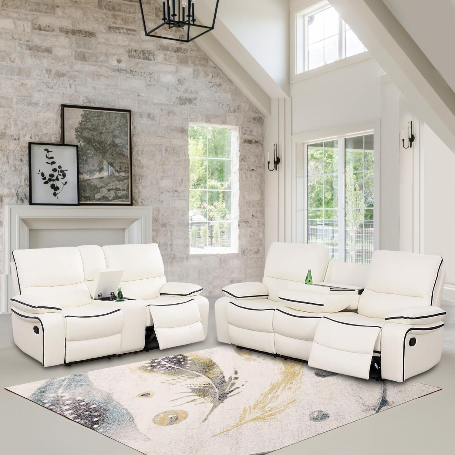 Ocstta Recliner Sofa Set Bonded Leather, Living Room Furniture Set, Recliner Couch Set with Cup Holder for Living Room/Office (Loveseat and Couch Set,