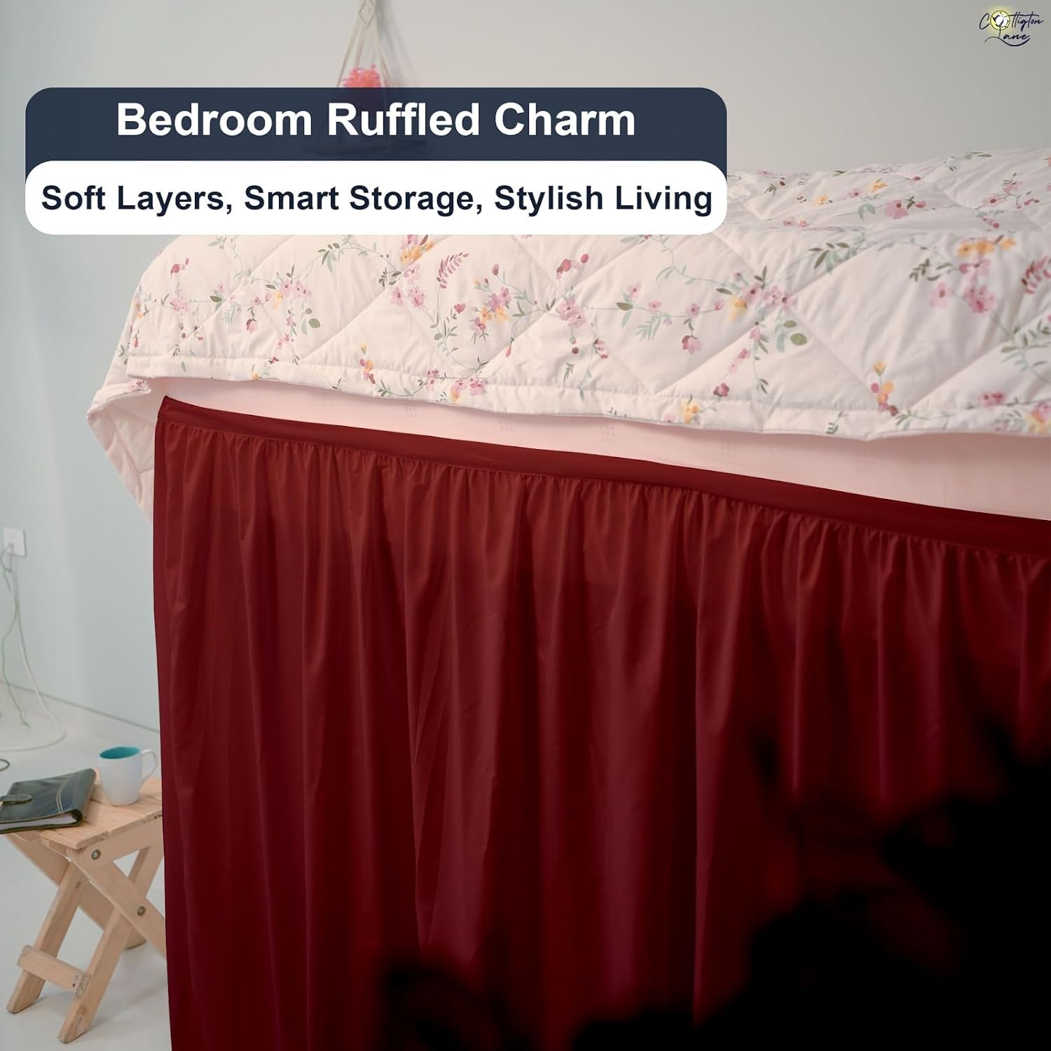 Cottington Lane Extended Ruffled College Dorm Bed Skirt Twin XL 36 Inch Drop, Premium Quality 1800 Brushed Microfiber Extra Long Dust Ruffle, Burgundy