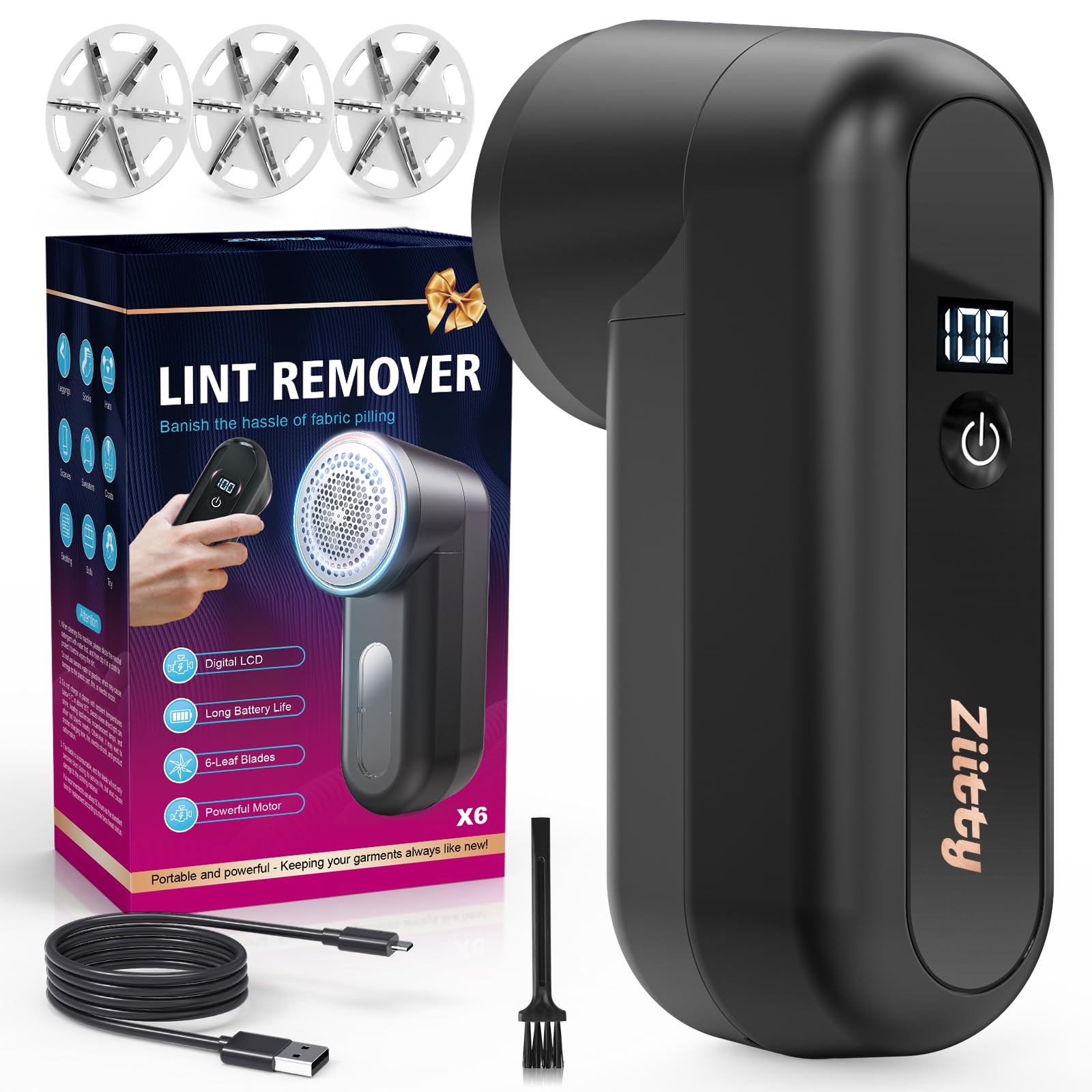 Fabric Shaver Ziitty Lint Remover for Clothes Type-C Rechargeable Lint Shaver with LCD Display 6-Blade Sweater Shavers to