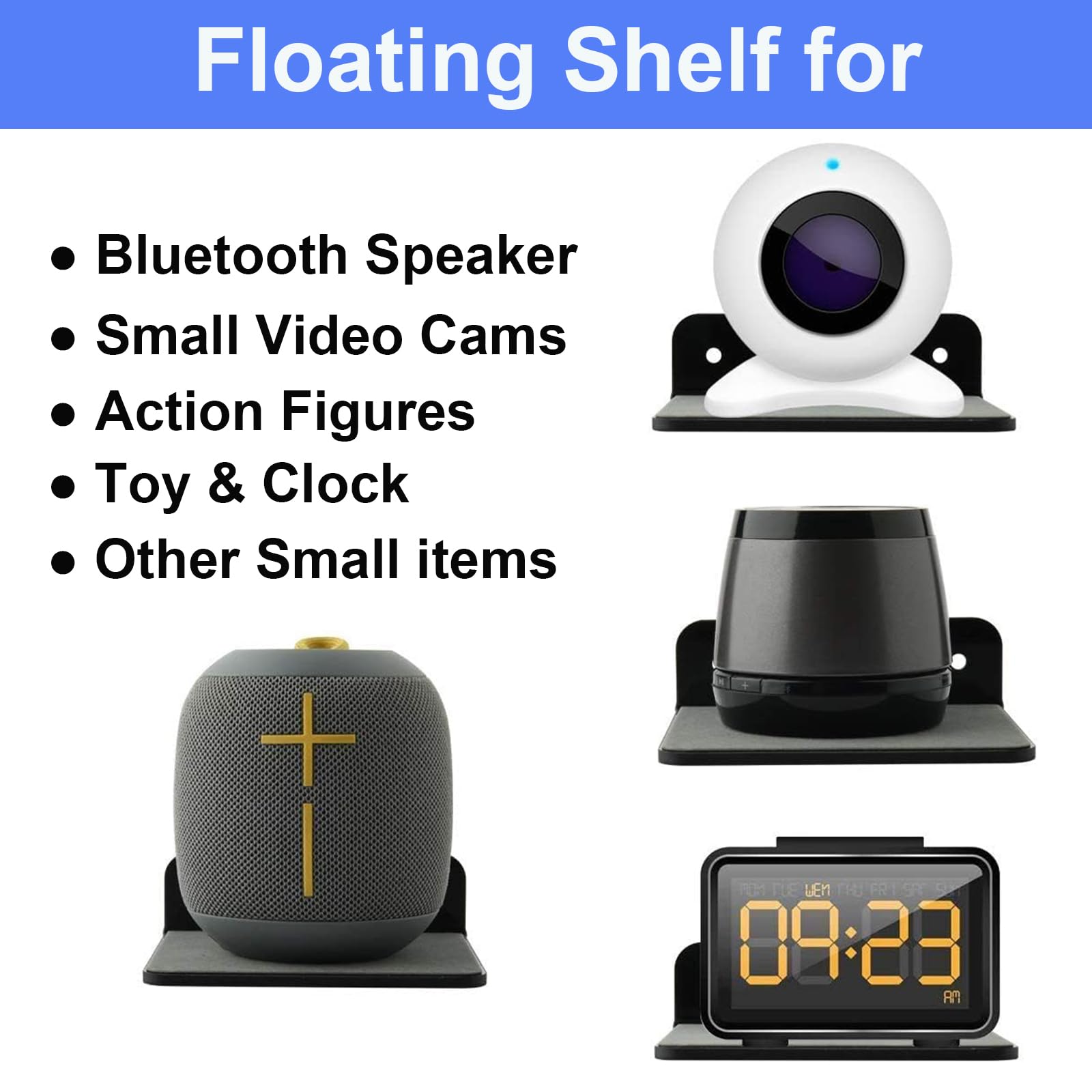 SHTCSZBA Small Floating Shelf Bluetooth Speaker Mount, Anti Slip Speaker Stand for Cameras, Baby Monitors, Cell Phone, Webcam, Router, Toy Display, Acrylic Floating Speaker Shelf (Black, Small)