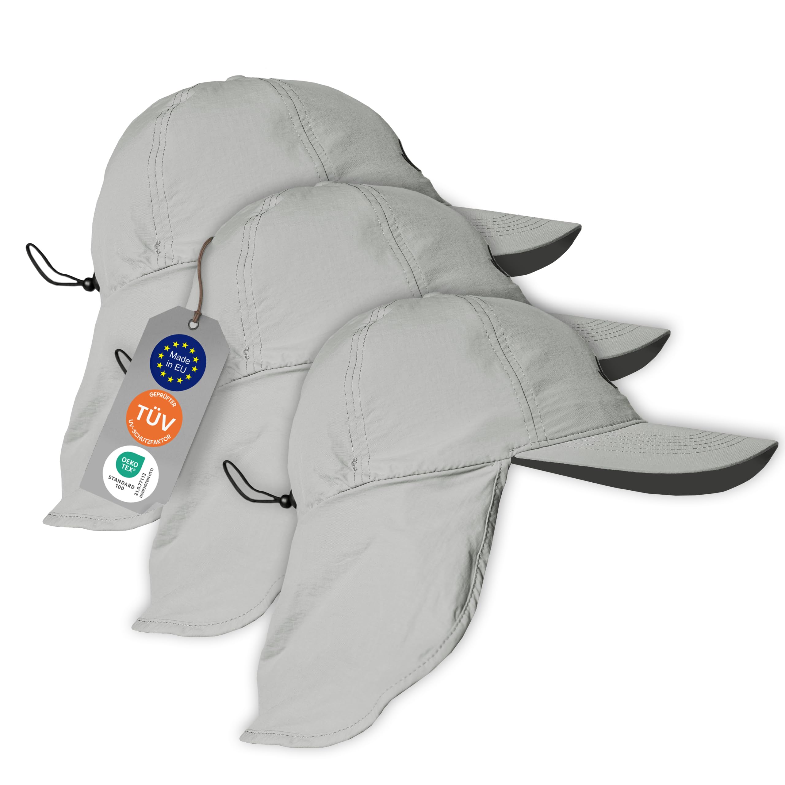 iQ-UV Sonnenkappe mit Nackenschutz Unisex 3er Pack Grau 55-61cm - UPF 50+ | atmungsaktive Cap mit Nackenschutz für Herren und Damen - Mütze für Männer und Frauen - Sonnenschutz Kappe Outdoor