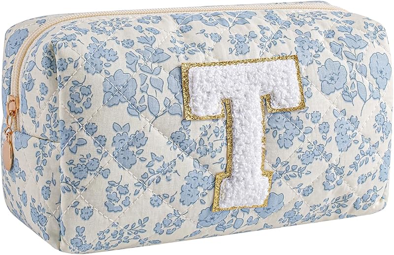 Necessaire Gleyemor de Algodão Azul Floral com Zíper e Aplicação de Inicial, 1 Unidade