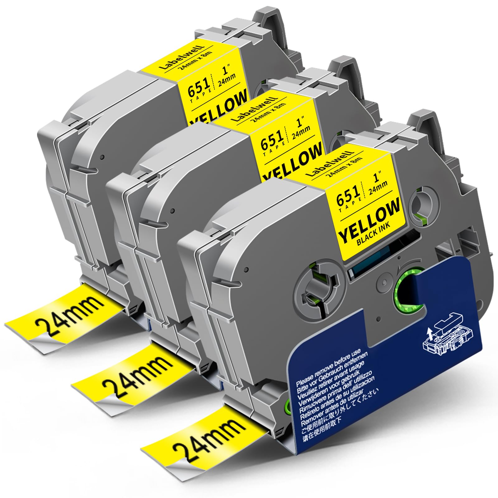3x Labelwell Ruban pour Brother TZe651 TZe-651 TZ651 24mm x 8m Noir sur Jaune Ruban Etiqueteuse Cassette pour Brother Ptouch PT-P700 2430 D600VP 9700PC P750W P710BT PT-H500LI E550WVP PT-E500VP D600VP
