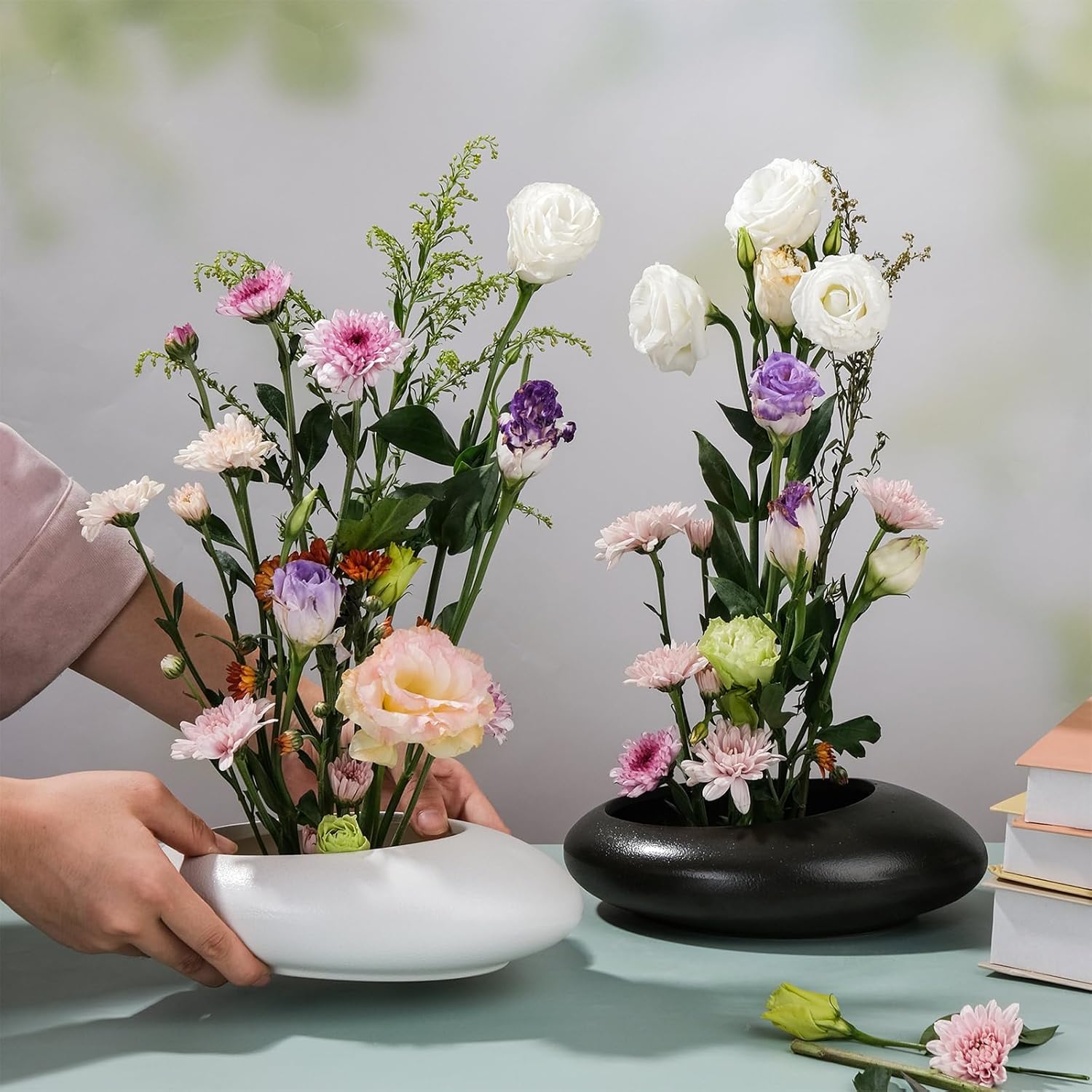 8 Inch Ikebana Vase with Flower Frog Black Ceramic Bowl Vases with Gold Stem Holder and Kenzan Straightener Japanese Pebble Shaped Floral Arrangement Bowl for Home Decor