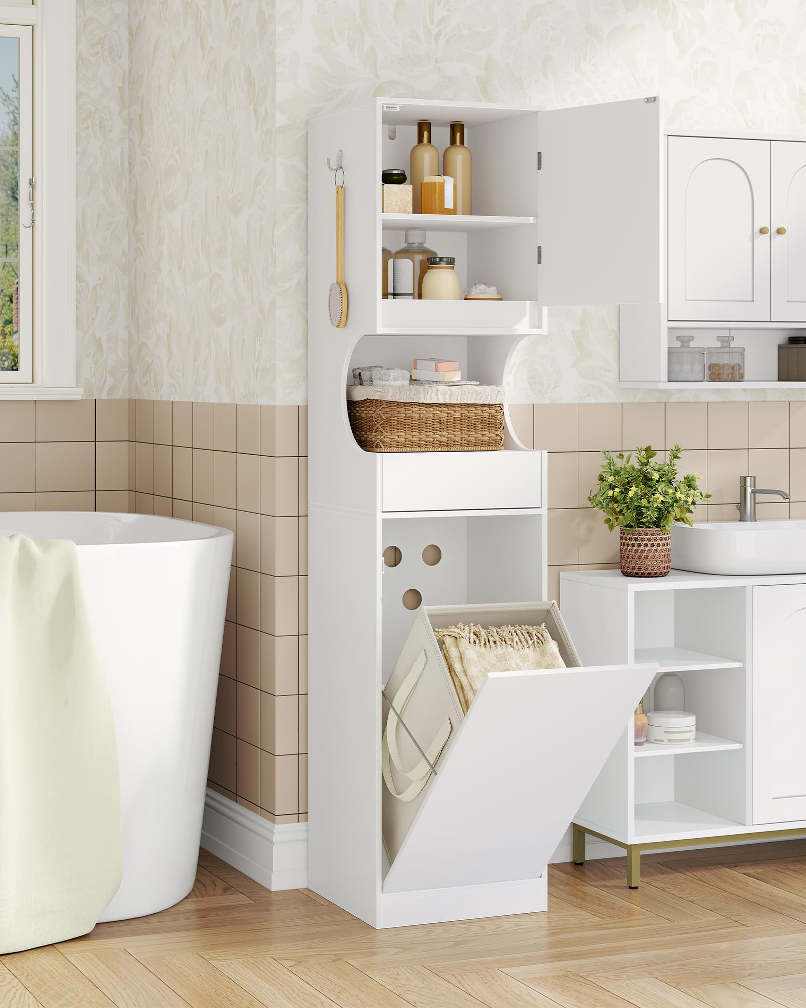 Hzuaneri Mobile da Bagno Alto, Armadio a Colonna da Bagno Salvaspazio, Con cesto portabiancheria pieghevole, Ripiani Regolabili, per Soggiorno, Lavanderia, 40 x 40 x 174 cm, Bianco BC43013X