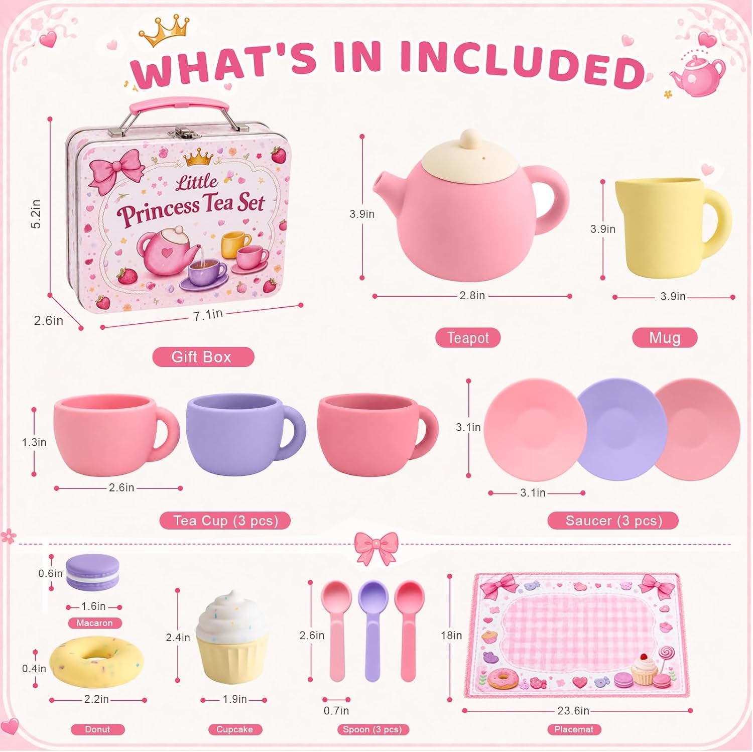Silicone Tea Set for Girls 2+, Princess Tea Party Pretend Play Set with Tin Box and Play Mat, Kids Kitchen Accessories, Christmas Birthday Gifts for Girls Ages 2 3 4 5 image 5