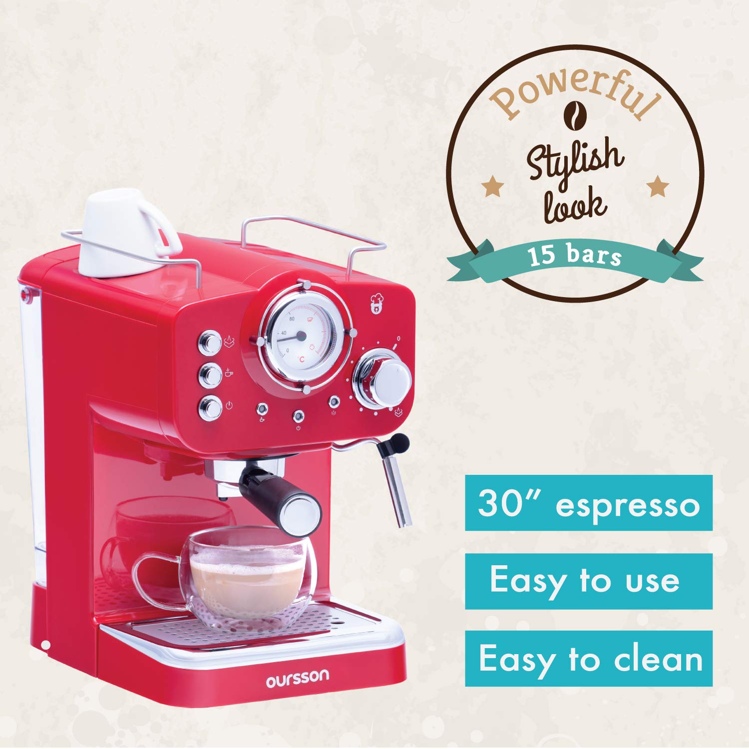 Oursson Macchina da Caffè Espresso Manuale, Cappuccino, Latte, Moka, 15 Bar, 1.25 litri, Rosso