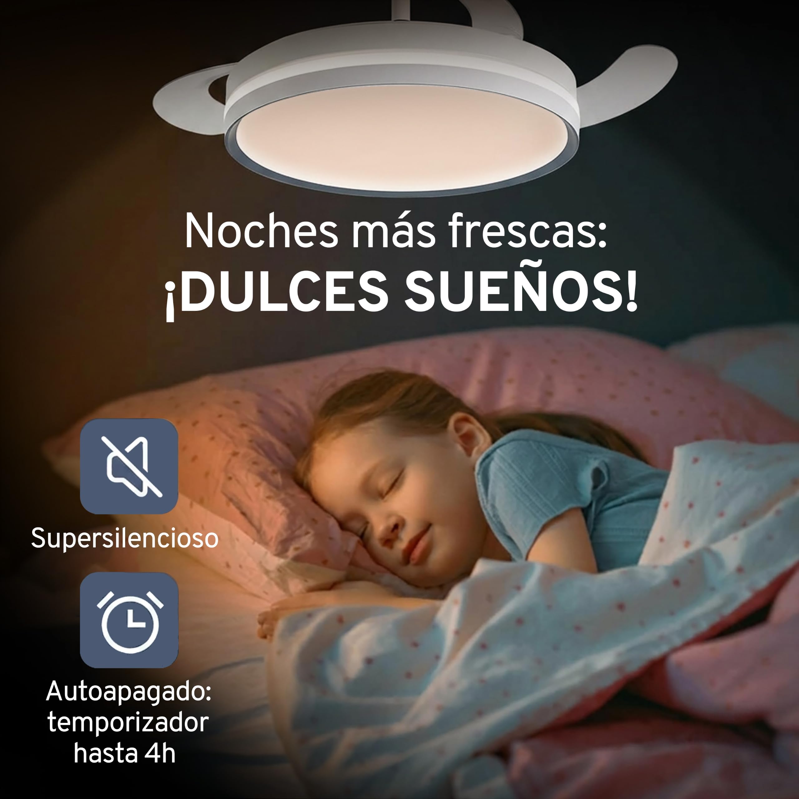 Ventilador techo, aspas retráctiles, luz regulable: BRISANOVA RETRÁCTIL. 6 Velocidades 3 tonos luz.Temporizador. Silencioso. 30W. Modo Verano/Invierno. Ø 48.5cm aspas cerradas. Ø 106cm aspas abiertas