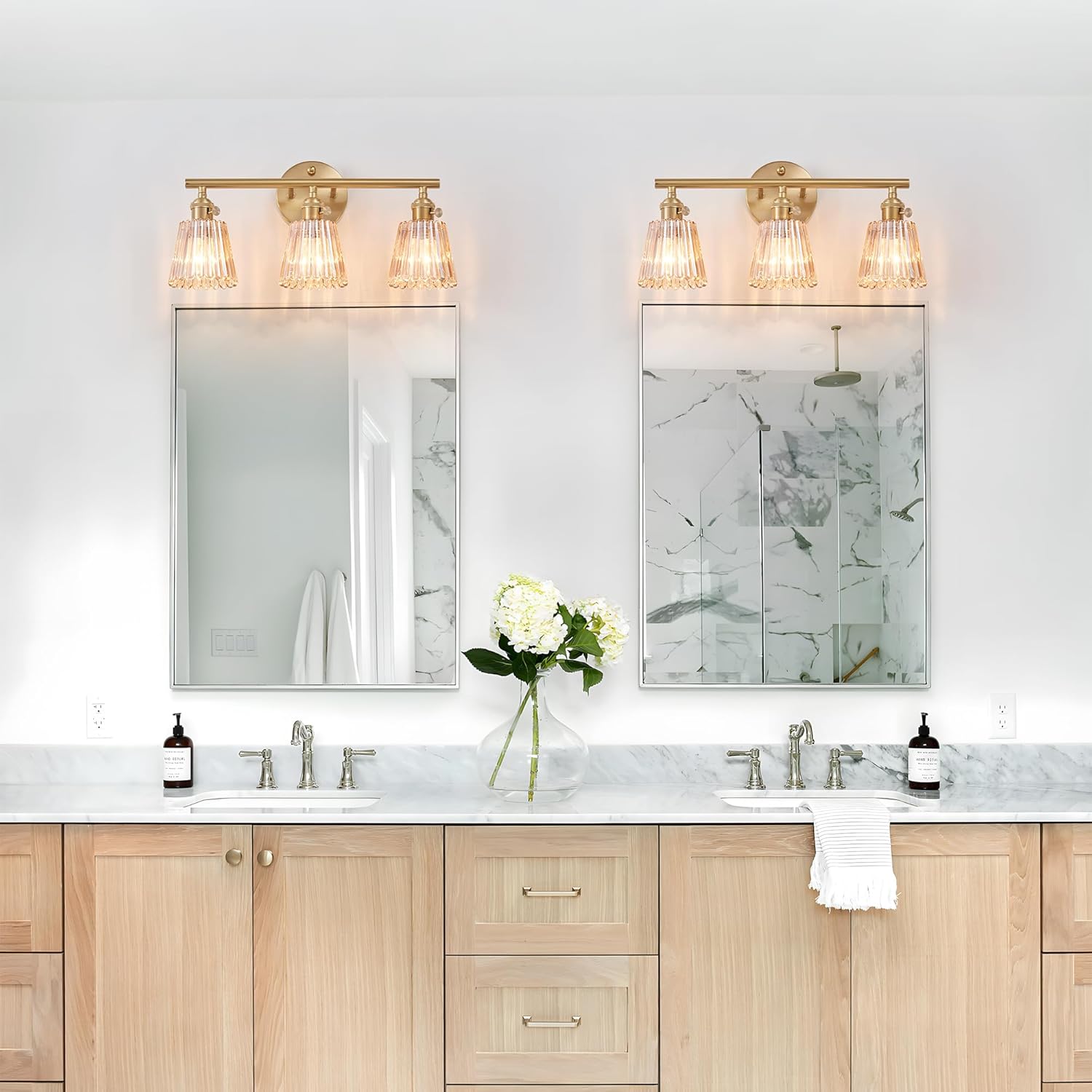 3-Light Bathroom Vanity Light, Brushed Brass Gold Vintage Wall Sconce with Individual Switch Control, Vintage Bathroom Light fixtures Over Mirror for Bedroom, Living Room Hallway
