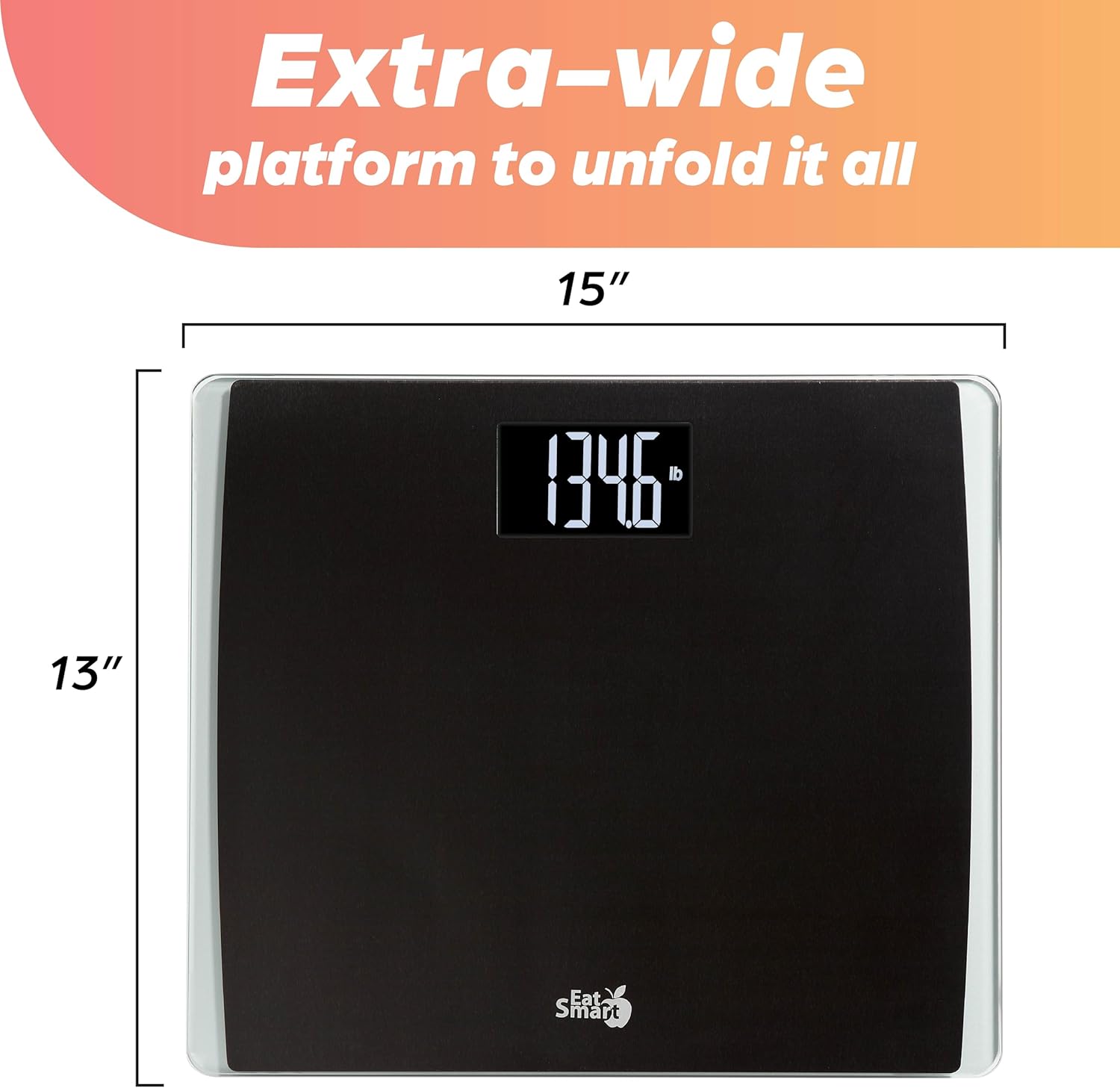 EatSmart scale showing its 15 inch by 13 inch extra-wide platform dimensions