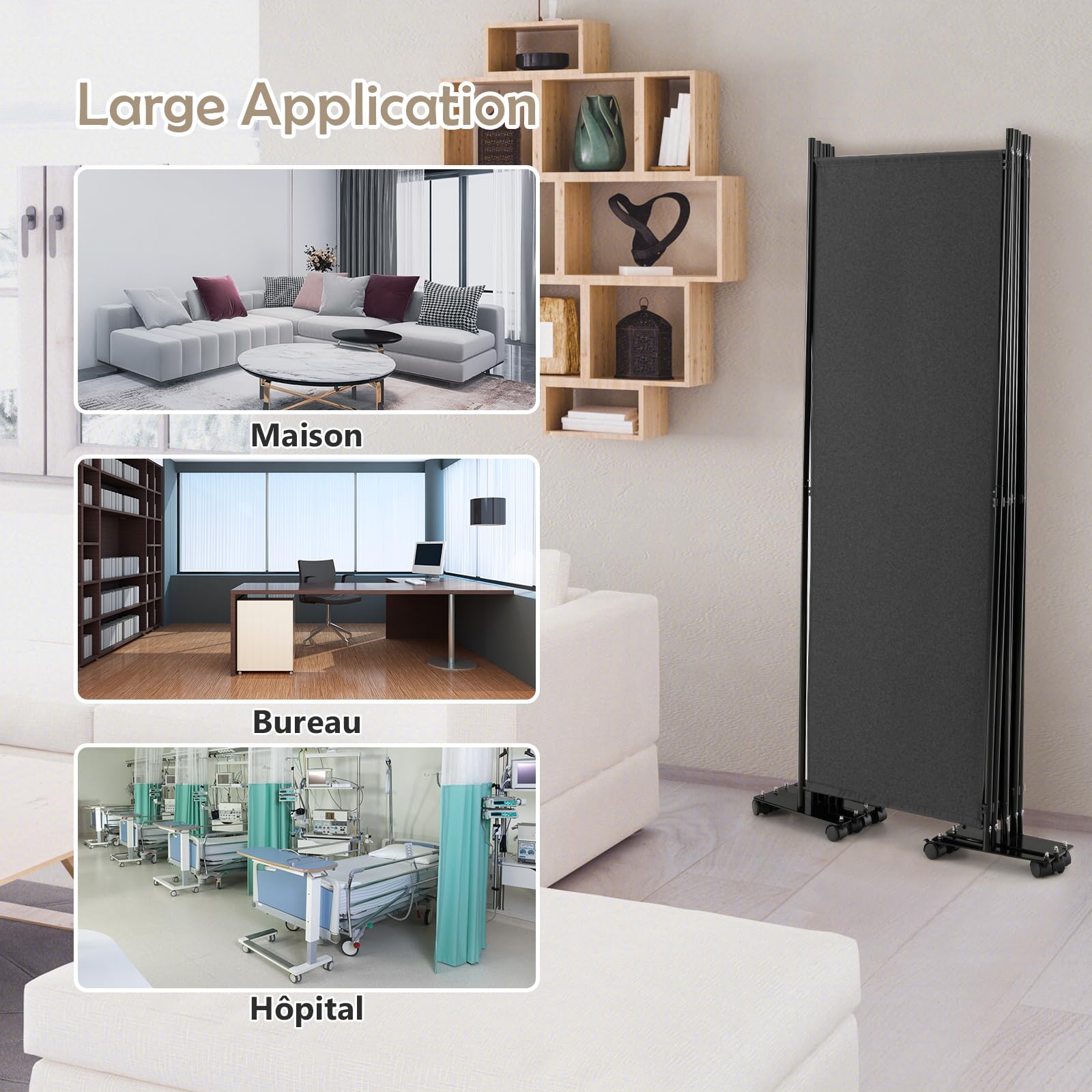 GOPLUS Paravent Pliable 6 Panneaux avec Roues, Brise Vue Intérieure et Extérieure avec Support en Métal,Paravent de Chambre Retractable 334,5x172CM, pour Salon, Chambre, Hôpital(Gris)