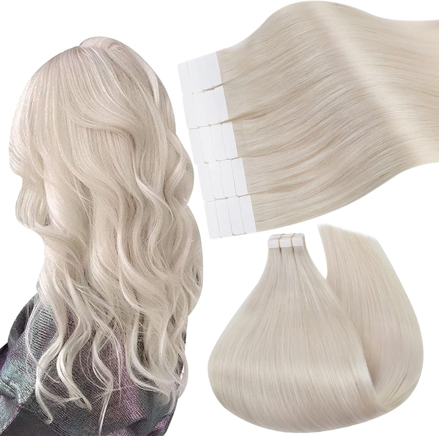 Ugeat Tape Extension a Cheveux Naturel 60A Blonde Blanche Glue in