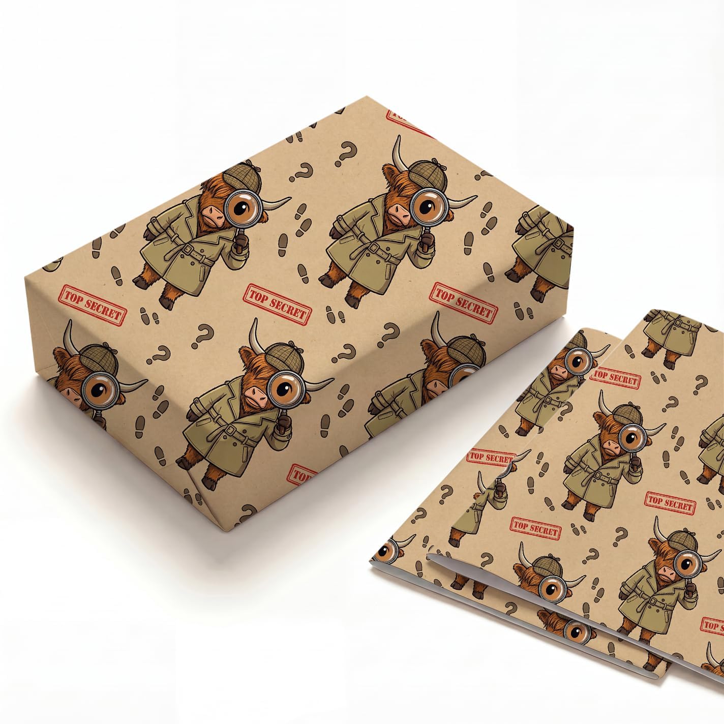 SHSEEN Detective Highland Cow Wrapping Paper, 2 Sheets, 19.7 x 27.6 in — image 1