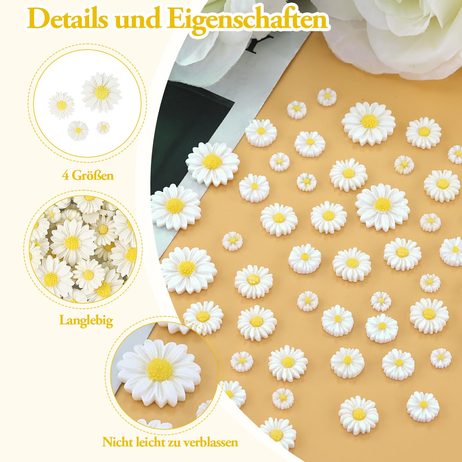 60 Mini Decorazioni A Forma Di Margherita In Resina Bianca E Gialla - Assortite In 4 Dimensioni (9-22 Mm) Per Fai Da Te, Torte, Scrapbooking, Festa - 5