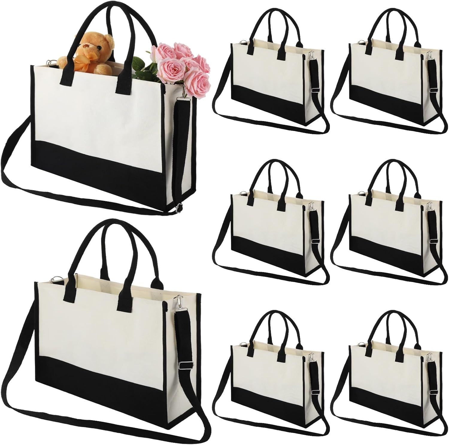 8 Pcs Reusable Burlap Tote Bags​, 15.7 x 11.8 x 6.3 in Laminated Jute Shopping Bags with Adjustable Straps, Inner Pockets & Hard Bottom, Perfect for DIY, Bridesmaid Gifts, Grocery, and Craft Use