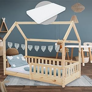 ML-Design Cama Infantil Casa Natural 80x160 cm de Madera de Pino con Colchón de Espuma Fría, Protección Anticaída y Techo, Somier de Listones, Cuna de Suelo, Lecho para Niño Forma de Casita de Juego