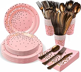 140 Pcs Pink Gold Party Supplies Disposable Tableware - Paper Dinnerware, Paper Plates, Cutlery, Napkins, Cups, Cutlery (Spoons, Forks, Knives) for Wedding, Girl Birthday Party, Baby Shower