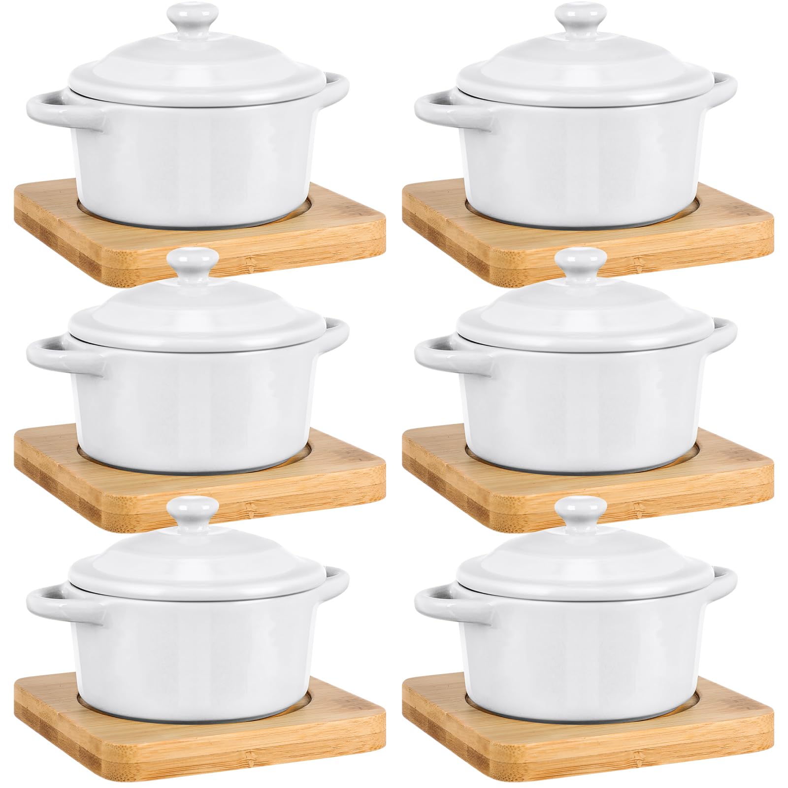 Mimorou Juego de 6 mini cocotte de cerámica de 7 onzas con tapa y base de madera, juego de cuencos de calabaza con asa, cuencos de sopa de cerámica para hornear, cazuela redonda para el hogar, plato