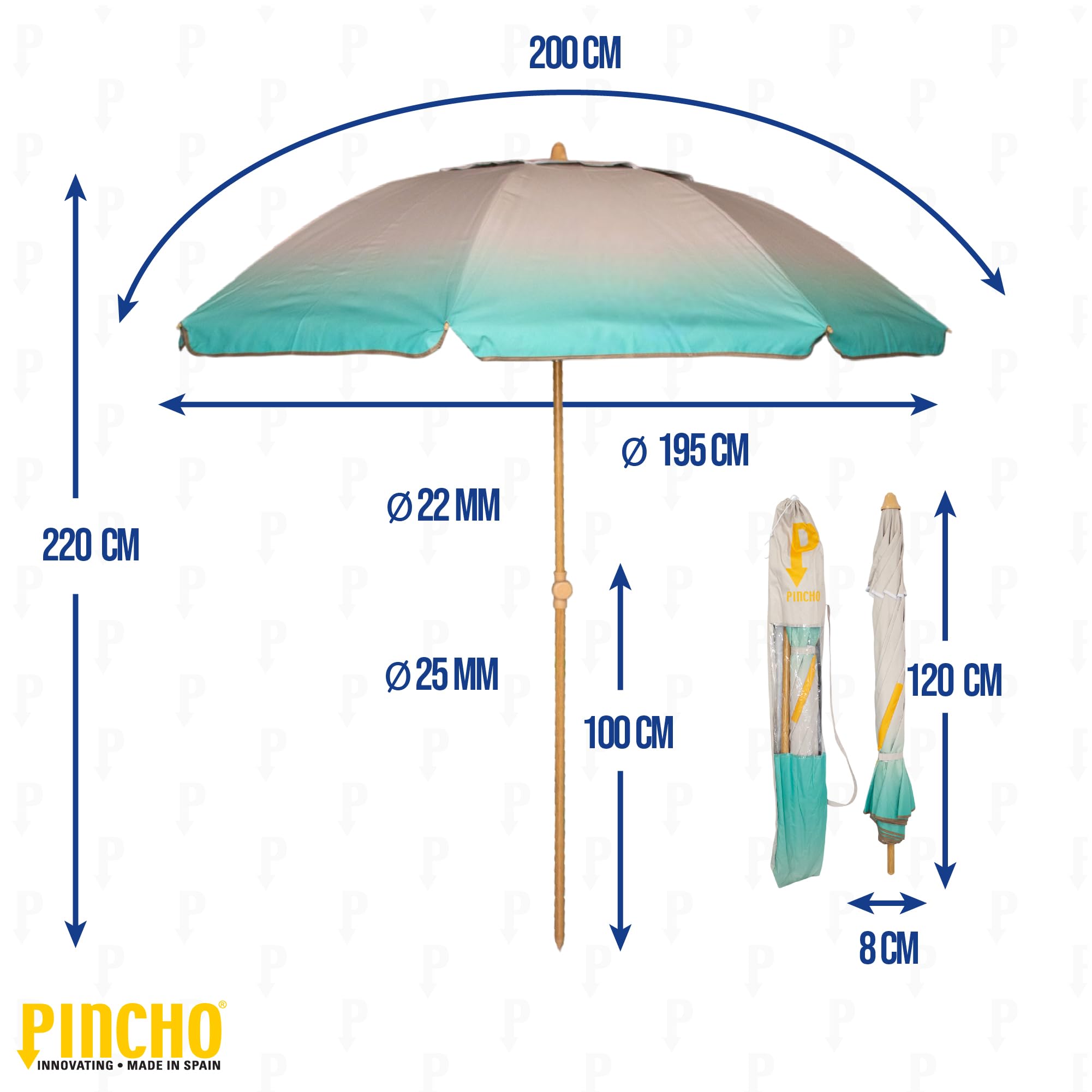 Pincho Grand parasol de plage anti-vent avec protection UV50+, tube en aluminium et 8 baleines en fibre de verre, inclinable avec fenêtre supérieure, embout en aluminium.