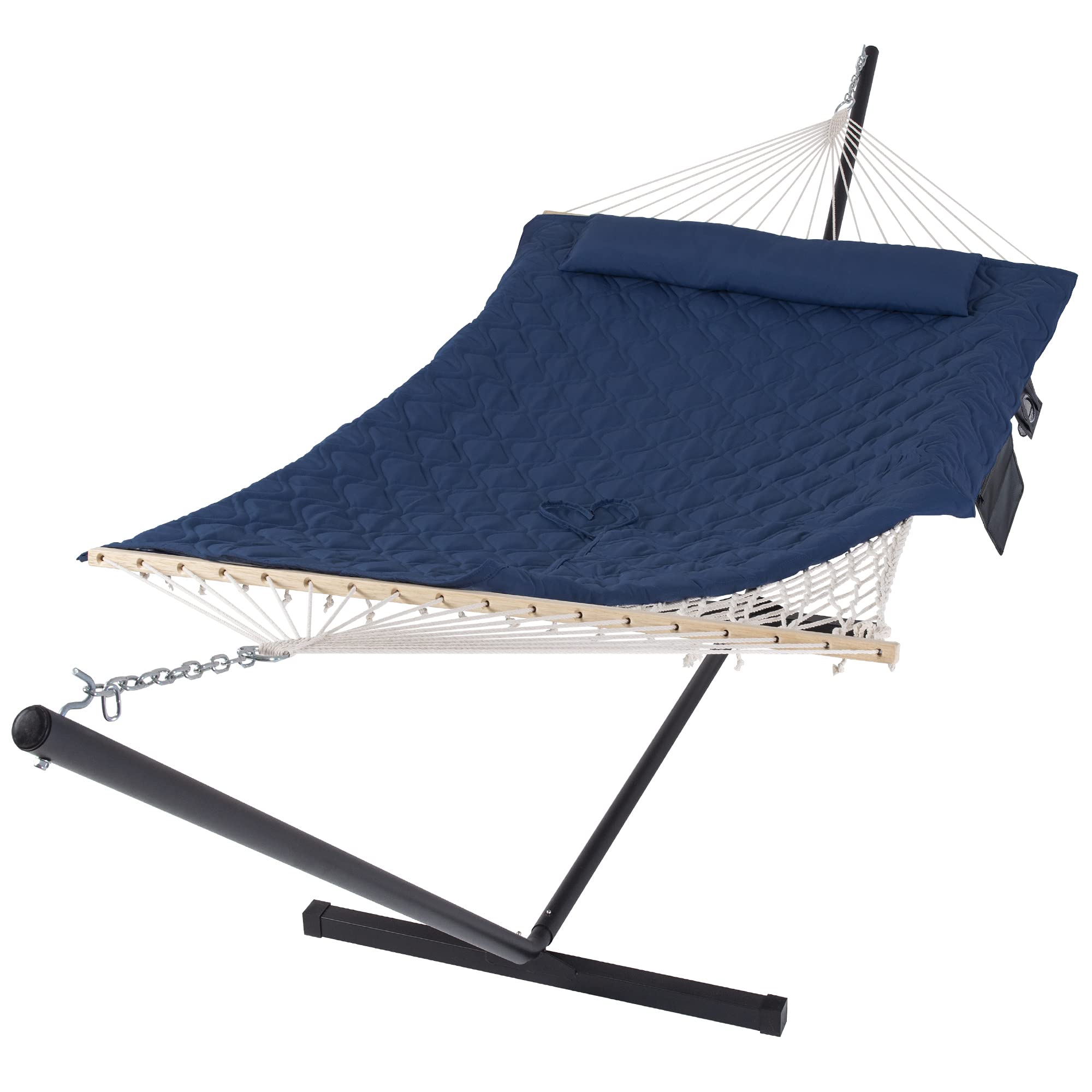 SUNCREAT Two Person Hammock with Stand, Heavy Duty Backyard Hammock and Stand, Gift Box Included, Navy Drops