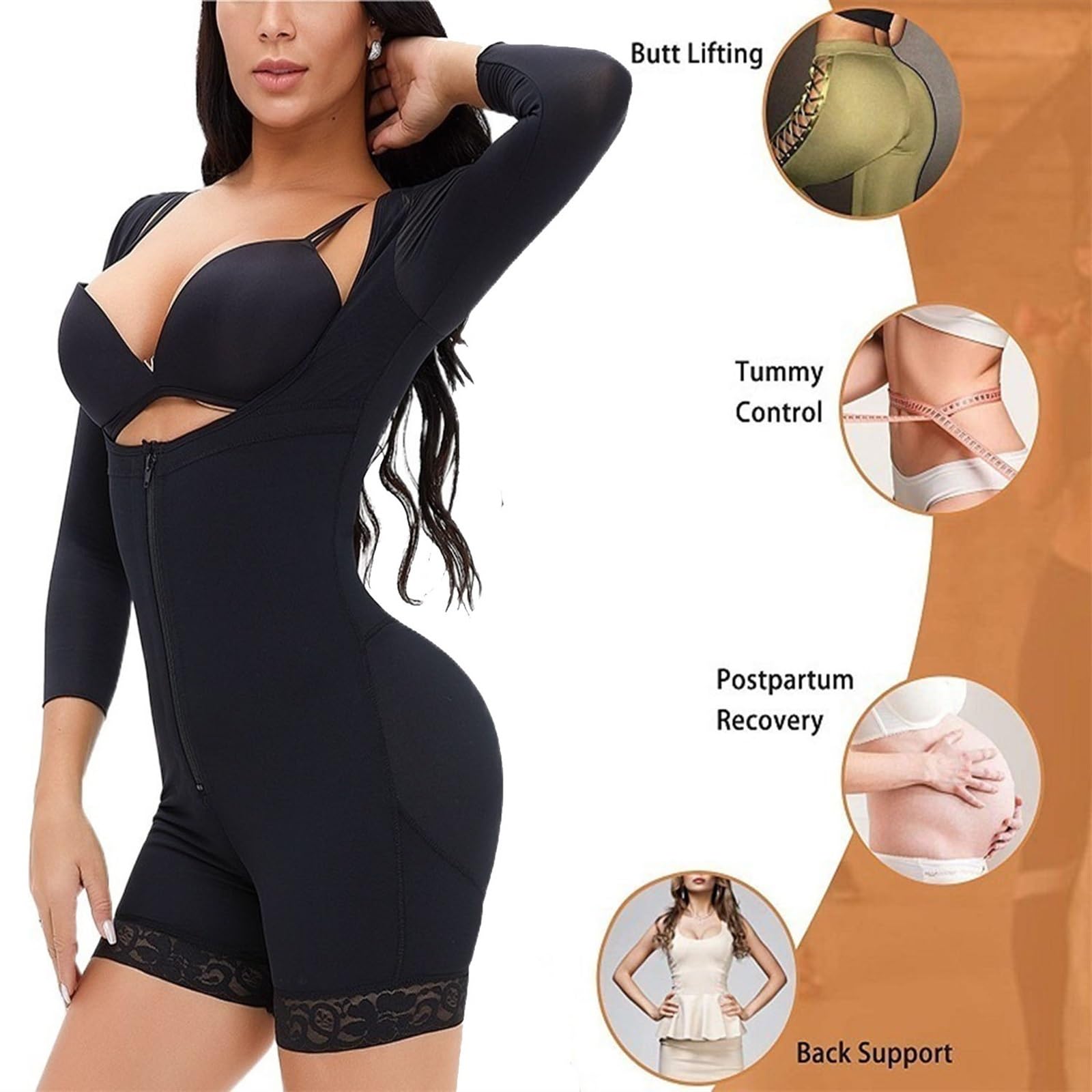 KIRYU Fajas colombianas de manga larga para mujer, control de abdomen, etapa 2, postoperatoria, moldeador de cuerpo