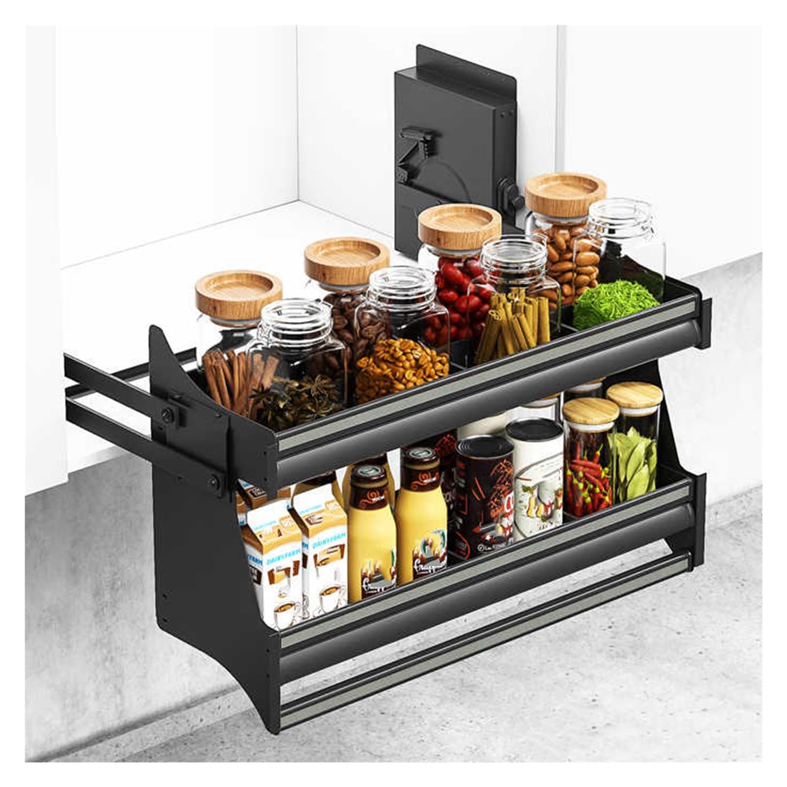 IUokLU Wall Mounted Pantry Organizer - Dual Tier Pull Down Cabinet Storage with Sliding Basket for Kitchen Upper Cabinets - Maximize Space & Accessibility(560-564mm)
