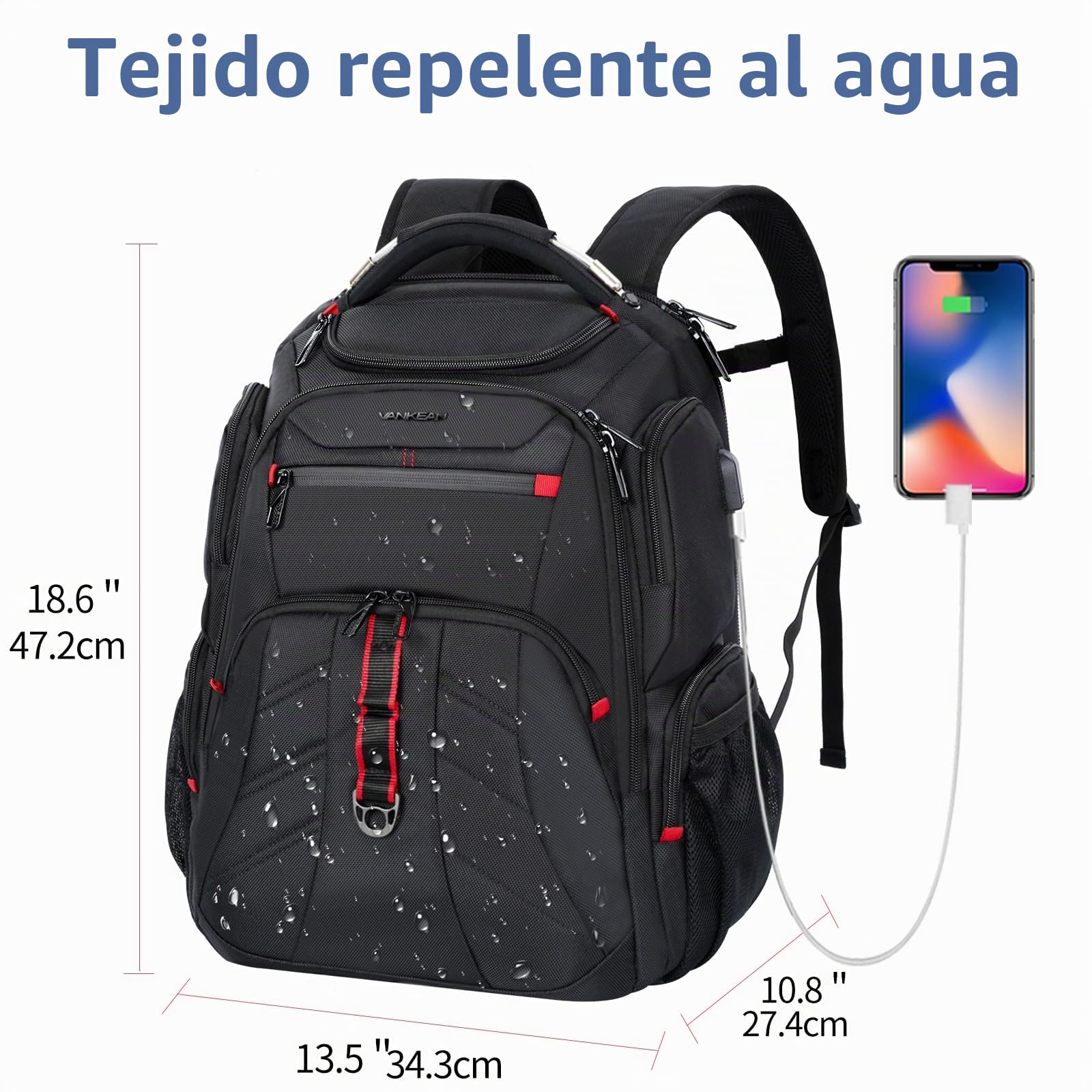 VANKEAN Mochila de viaje para laptop de 43.9 cm, impermeable, RFID, USB, para negocios